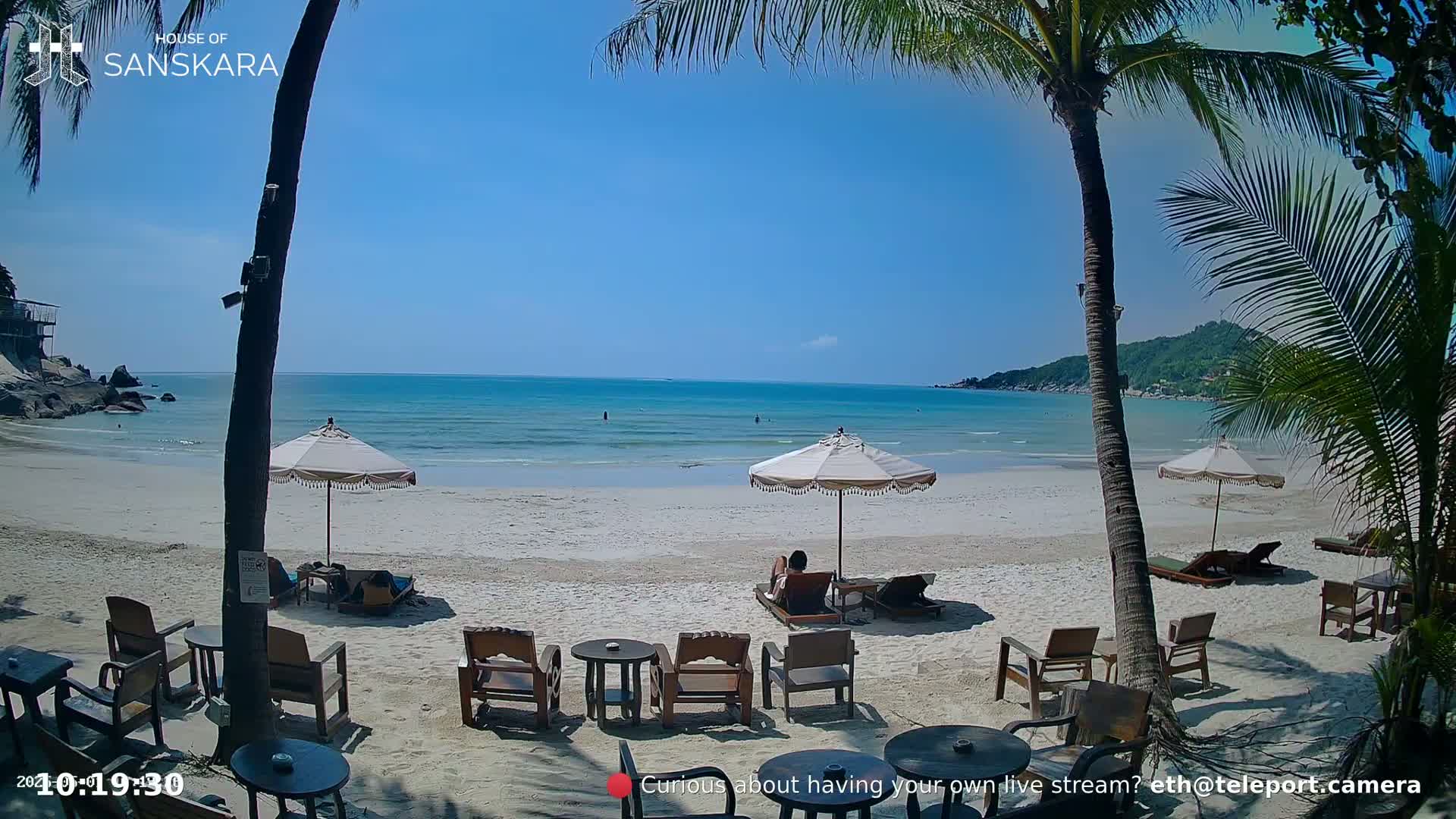 A sandy beach with palm trees, beach umbrellas, and outdoor furniture is shown on a sunny day, overlooking a calm, turquoise ocean.