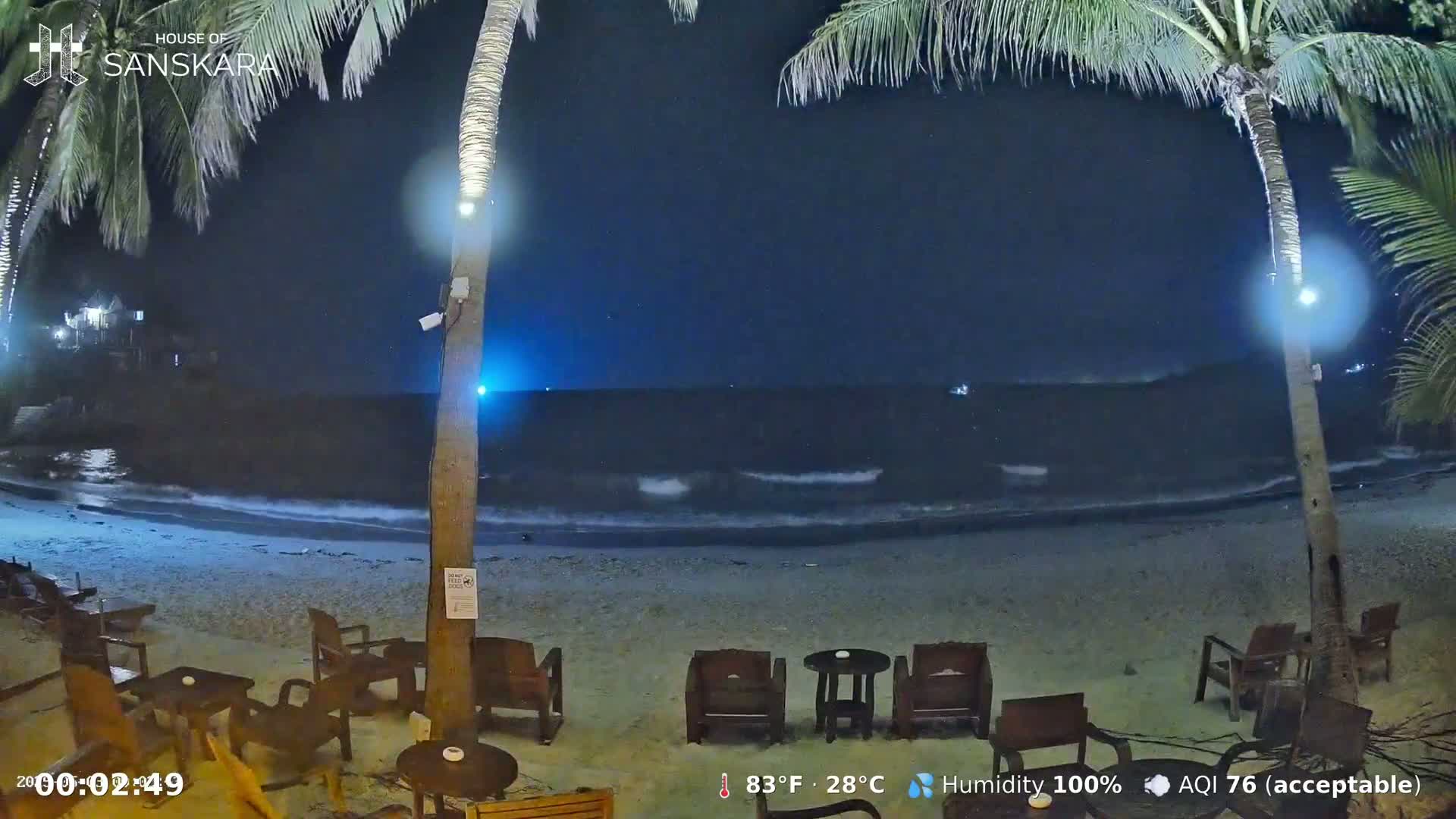 A nighttime beach scene shows gently lapping waves under a dark sky, with empty outdoor furniture situated on the sand beneath palm trees.