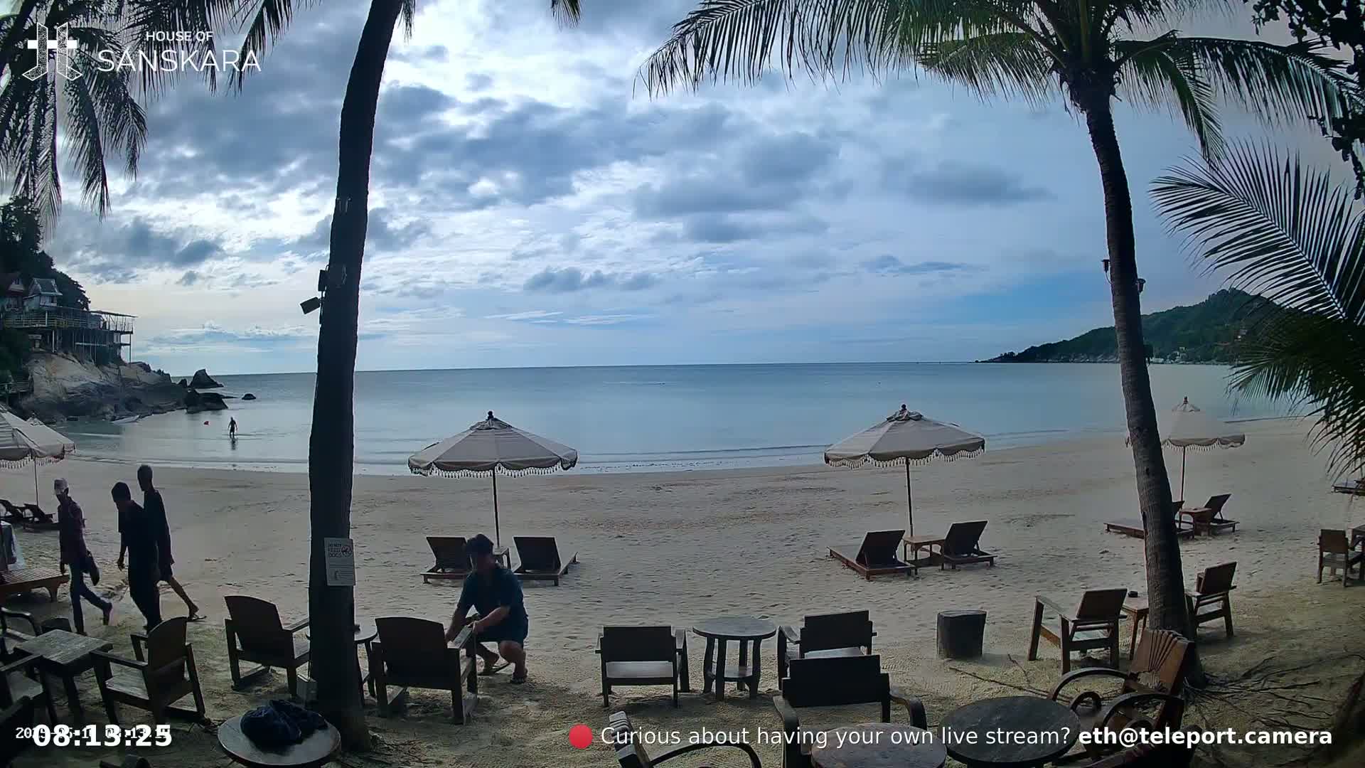 A sandy beach with palm trees, lounge chairs, and umbrellas under a cloudy sky overlooks a calm ocean.
