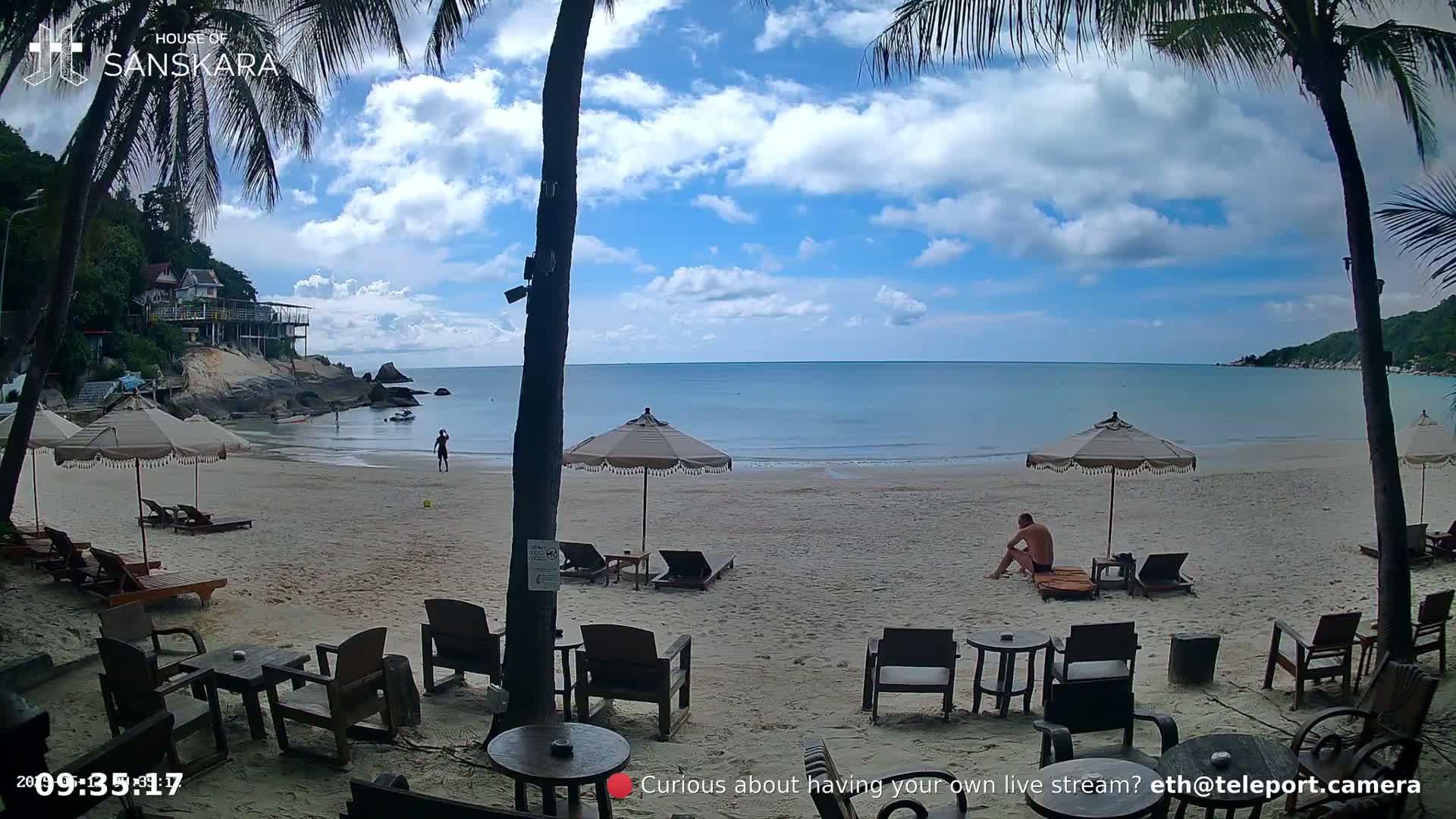 A partly sunny beach scene shows a sandy beach with palm trees, lounge chairs, and umbrellas, a calm ocean, and a few people.