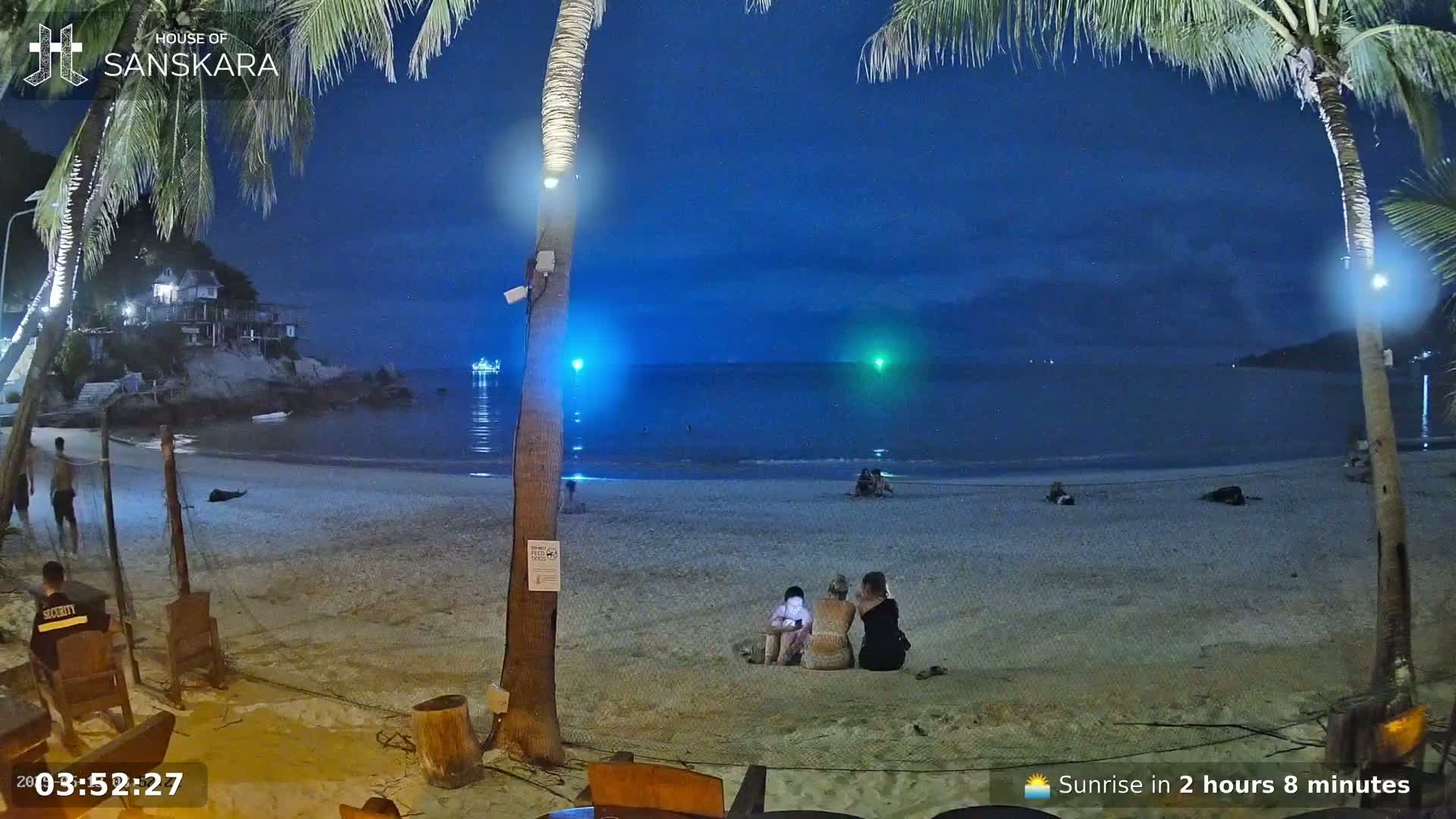 A nighttime beach scene shows a sandy shore with a few people sitting and walking, palm trees, and a calm, dark blue ocean under a mostly clear sky.