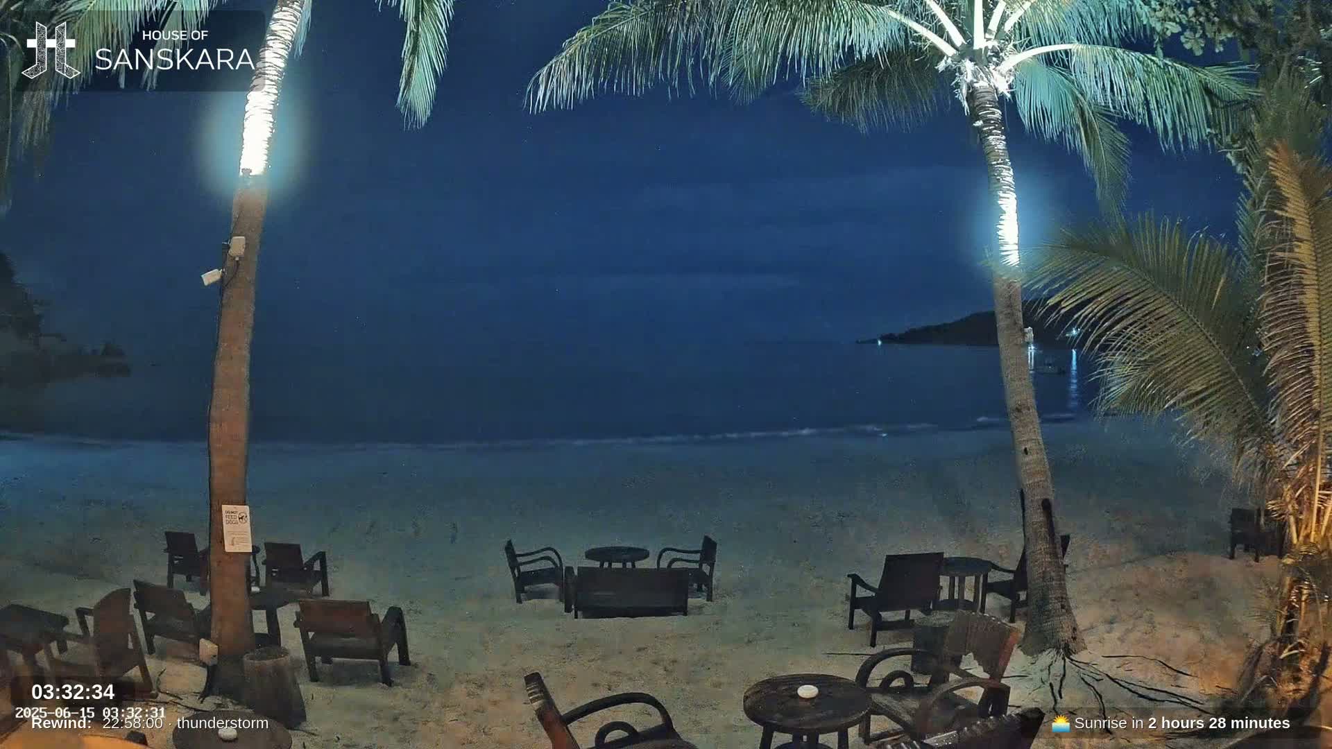 A sandy beach with calm, light-blue water under a partly cloudy sky shows several people relaxing on the sand and in the water, with palm trees and beach furniture in the foreground.