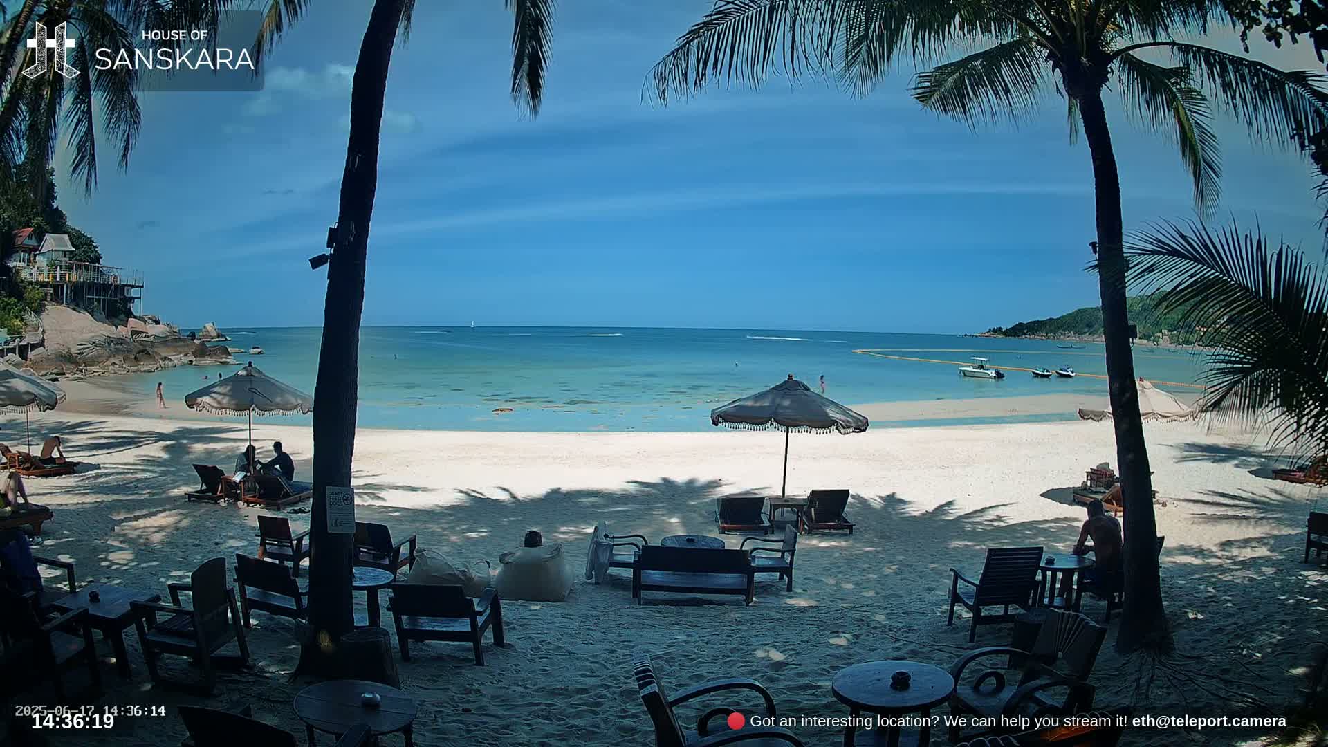 A sunny beach scene with palm trees, beach chairs, umbrellas, and people relaxing on a white sand beach next to a calm, clear ocean.