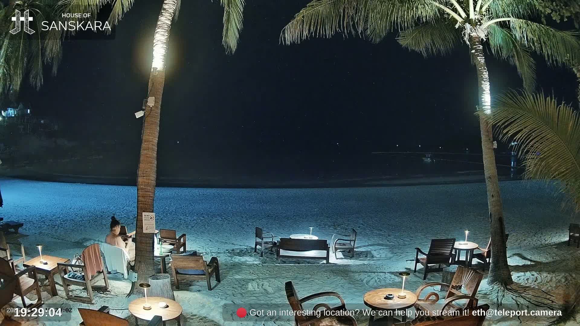 A nighttime beach scene with palm trees, outdoor seating, and a person sitting at a table under a starry sky.