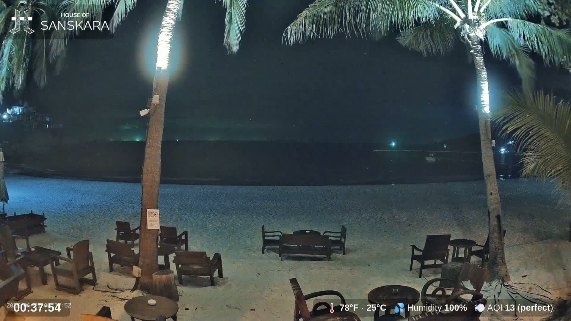 Empty tables and chairs sit on a sandy beach at night under palm trees, overlooking a calm, dark ocean.