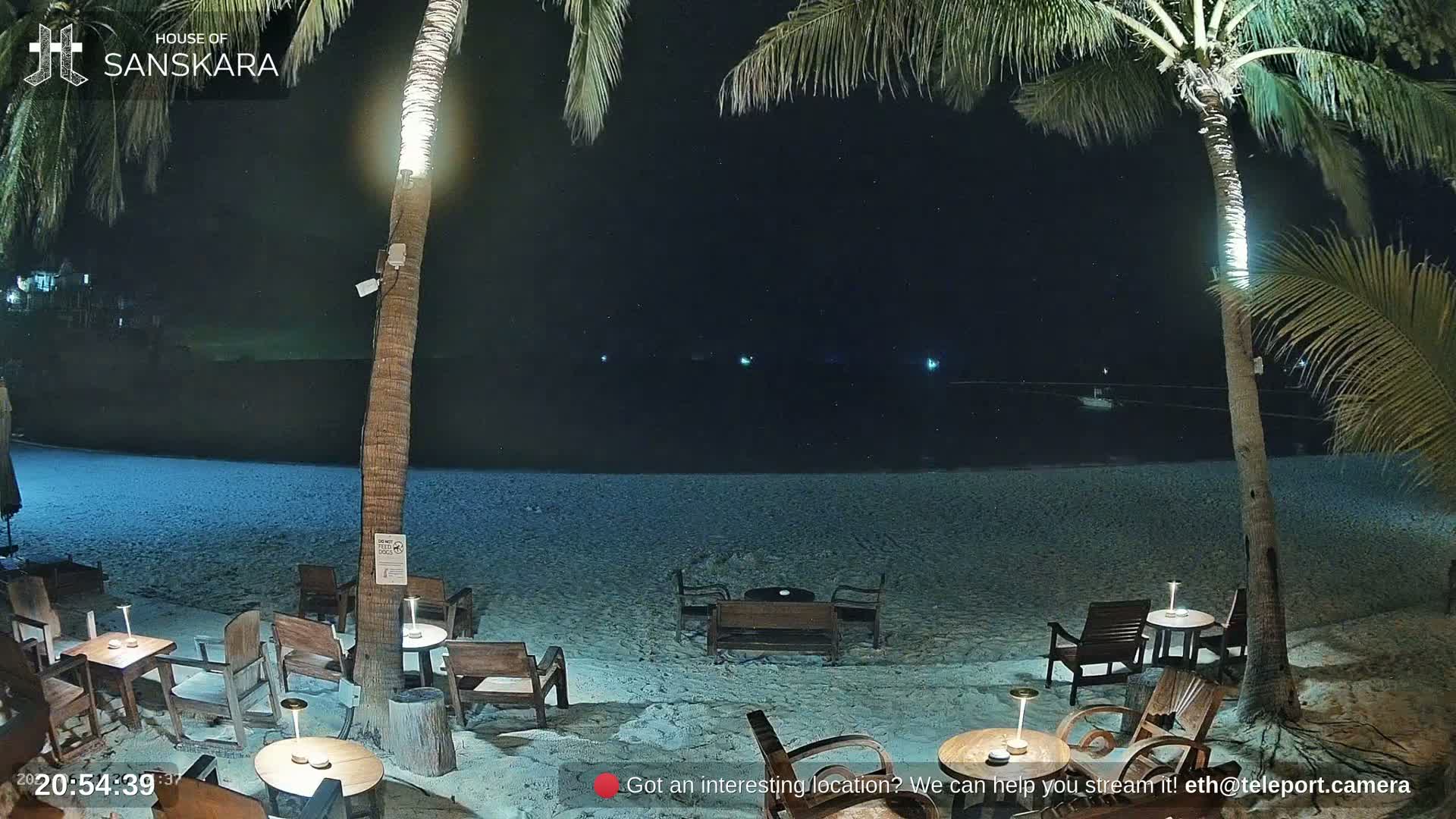 A nighttime beach scene shows a sandy shore with sparsely placed outdoor furniture under palm trees and a calm, dark ocean in the background, lit by a starry sky.
