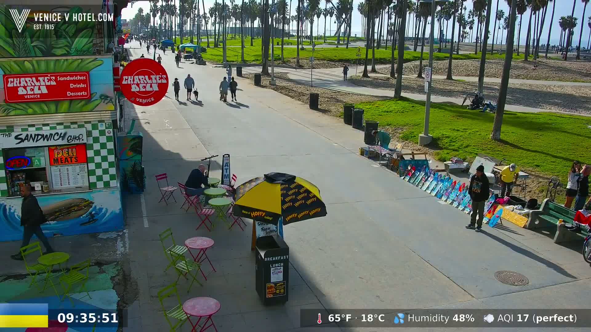A sunny boardwalk scene shows people strolling, vendors selling goods, and outdoor seating at cafes, under a partly cloudy sky.