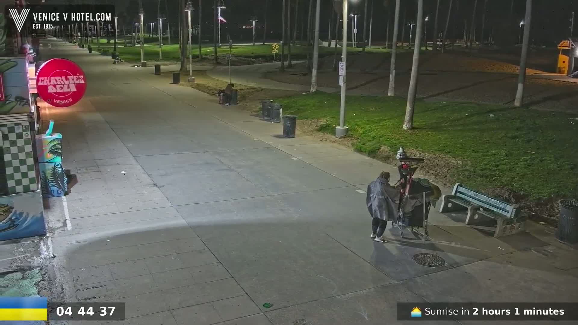 At night, two people are walking on a sidewalk near a grassy area with palm trees and a bench, under nighttime illumination.