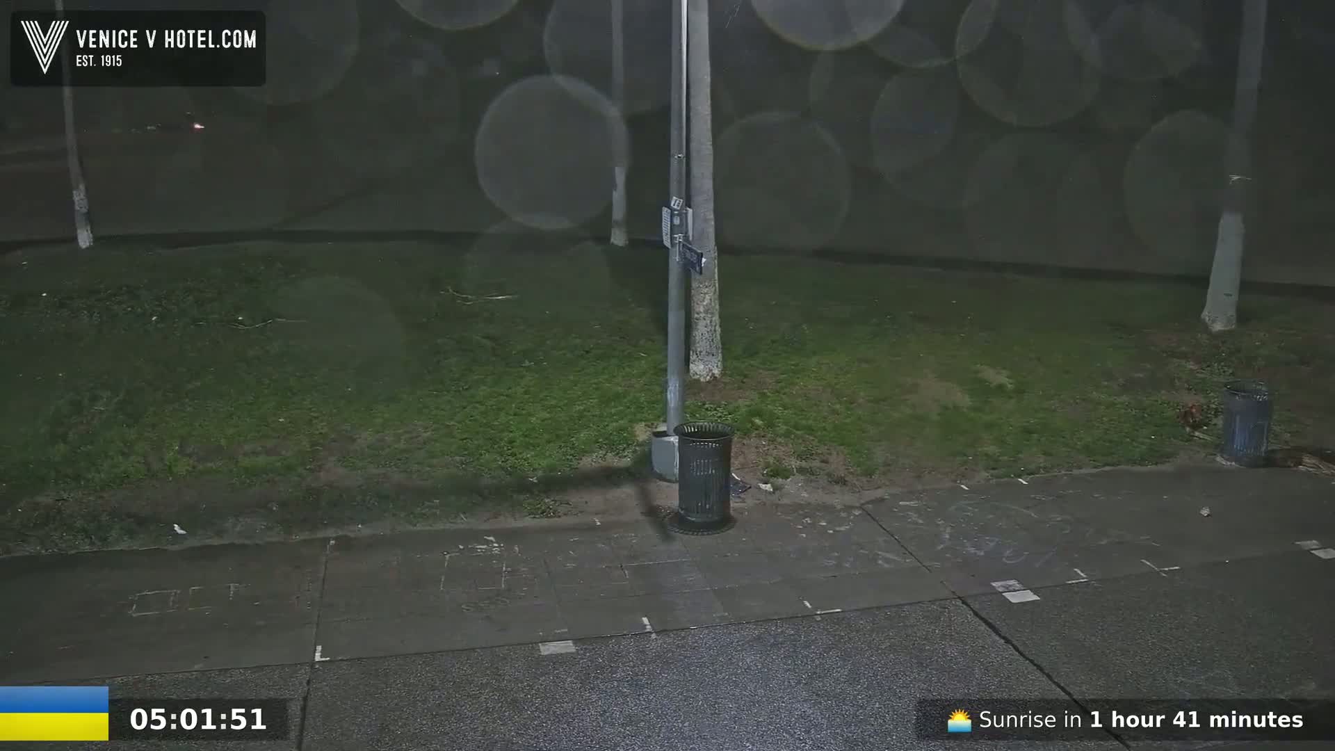 A nighttime view of a sidewalk next to a grassy area, showing a trash can and a lamppost under a lightly rainy sky.