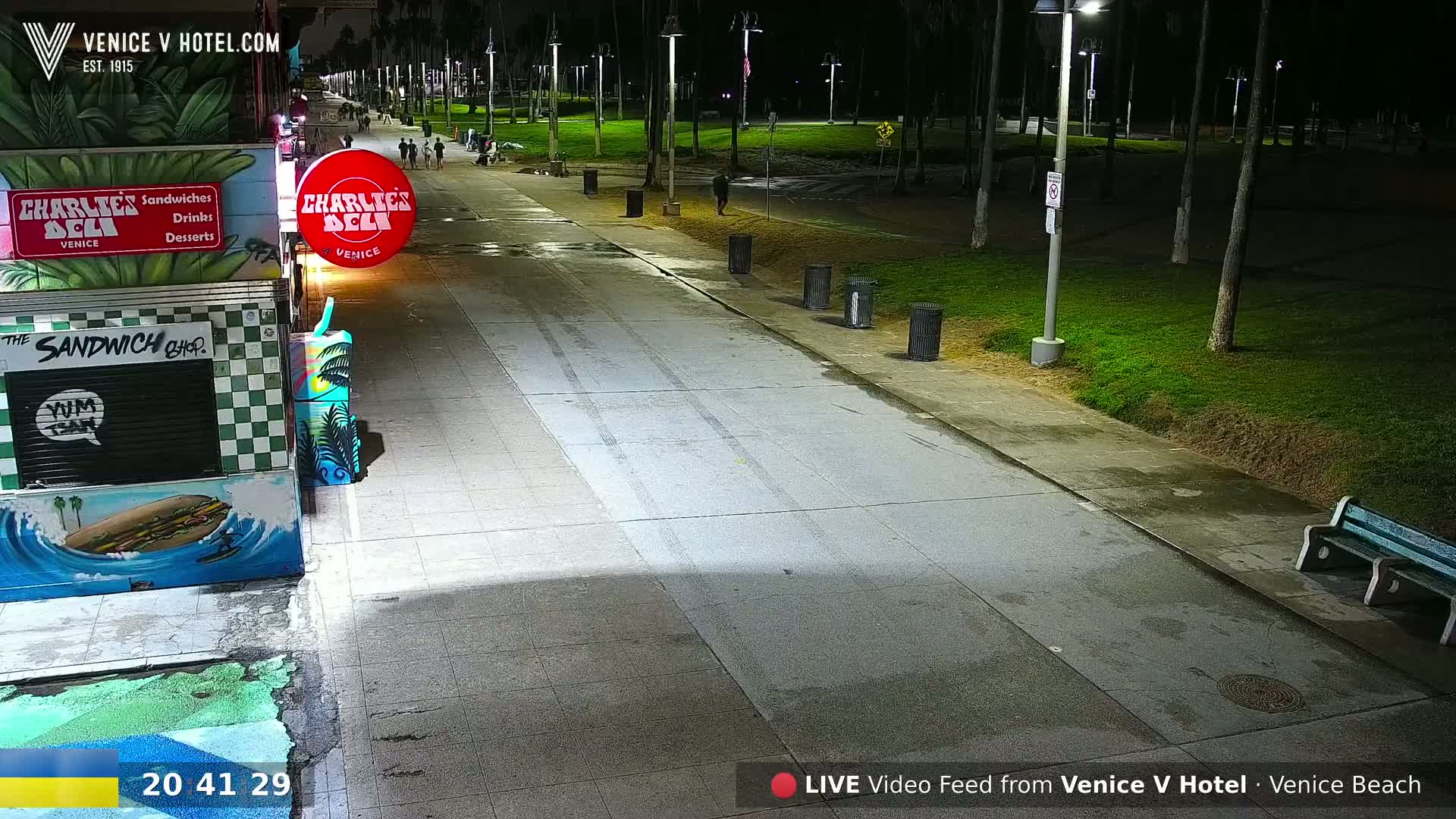 A nighttime view of a paved walkway next to a grassy area, with a few people visible in the distance, and a deli visible on the left.