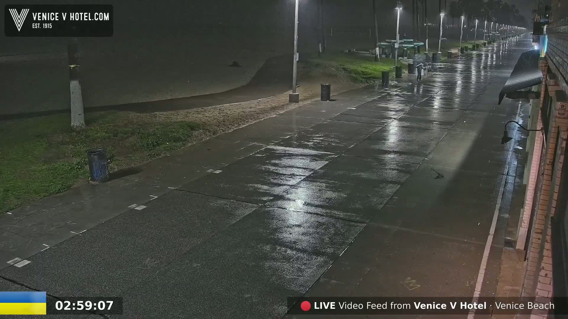A rain-slicked nighttime boardwalk stretches toward the ocean under illuminated lampposts.