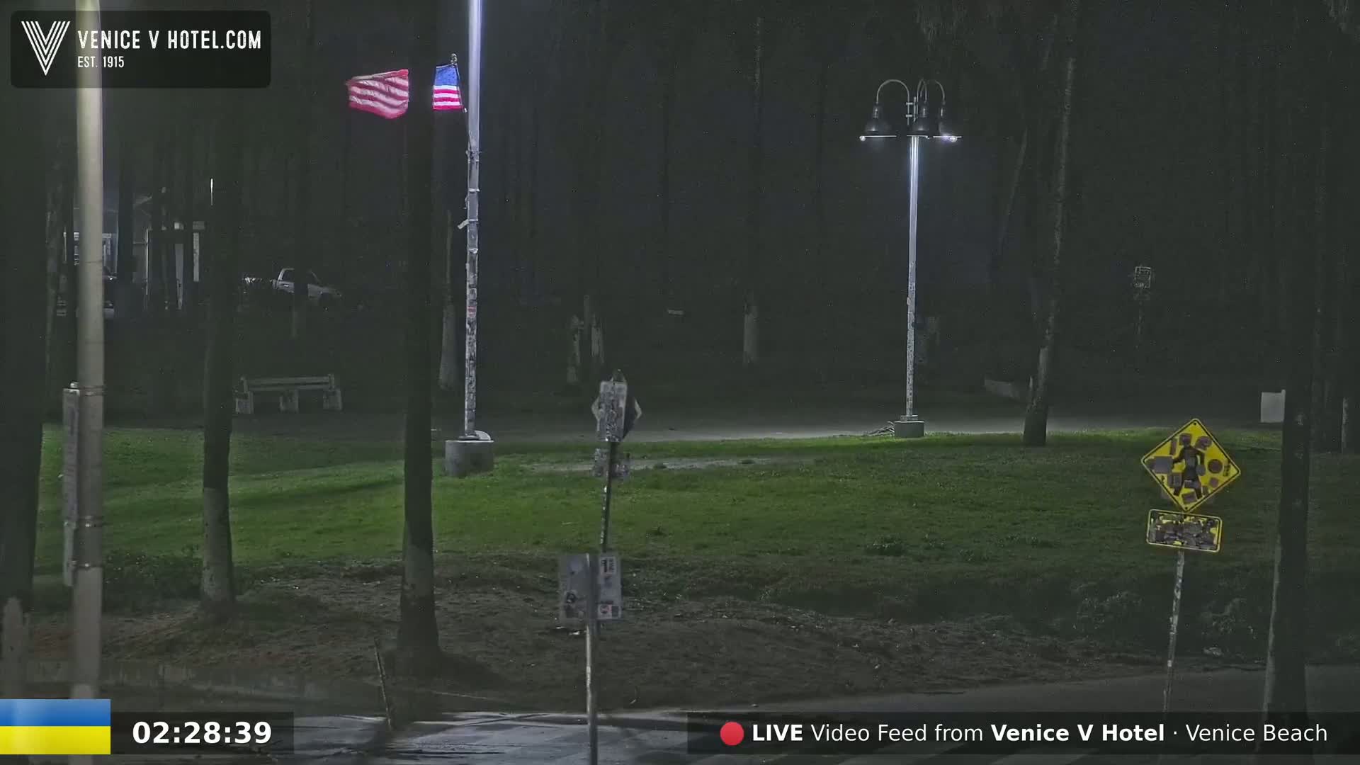 A nighttime, dimly lit grassy area with a few trees, light posts, and an American flag is visible.
