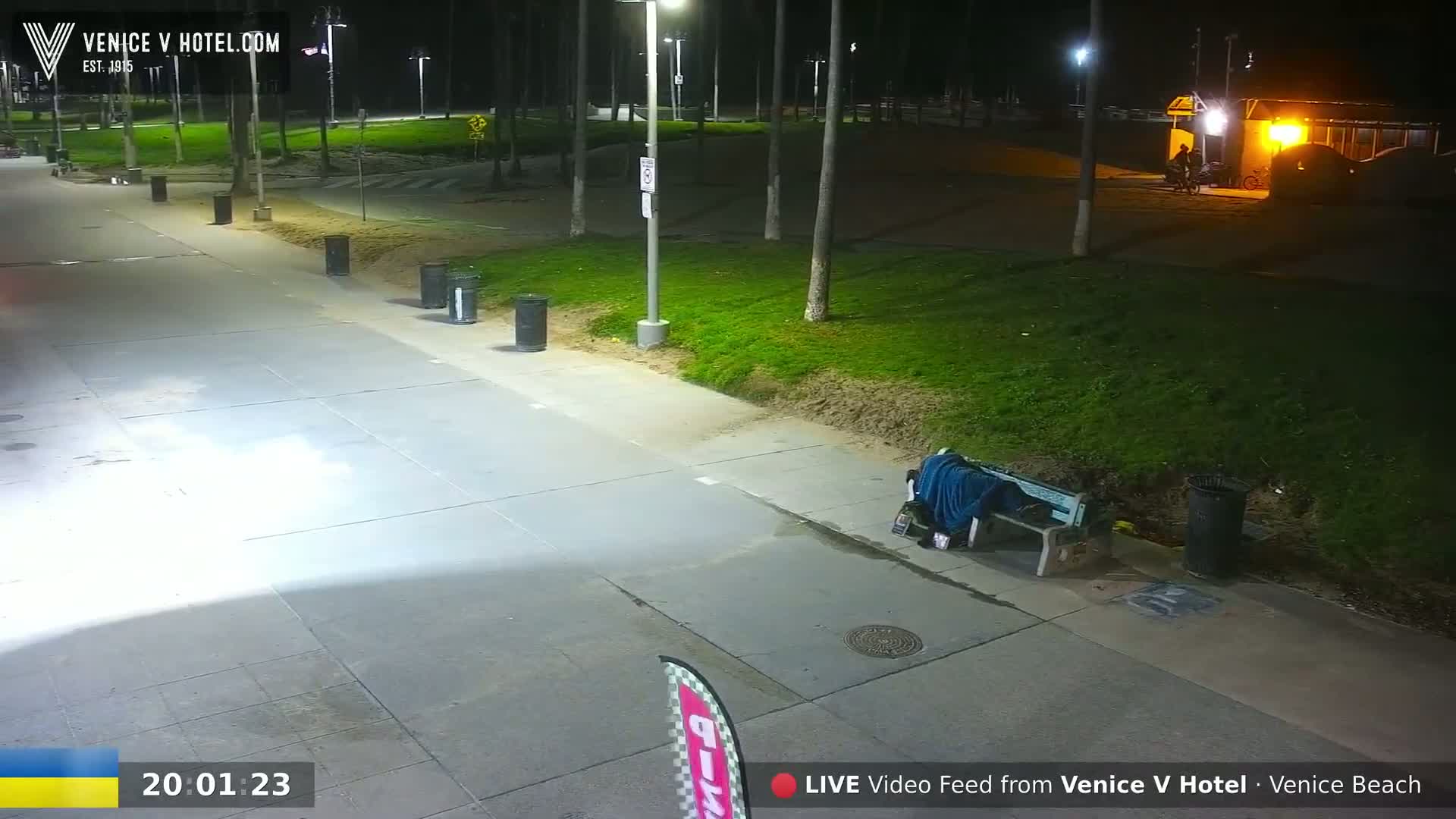 A nighttime view of a paved walkway and grassy area, illuminated by streetlights, with a person sleeping under a blanket on a park bench.