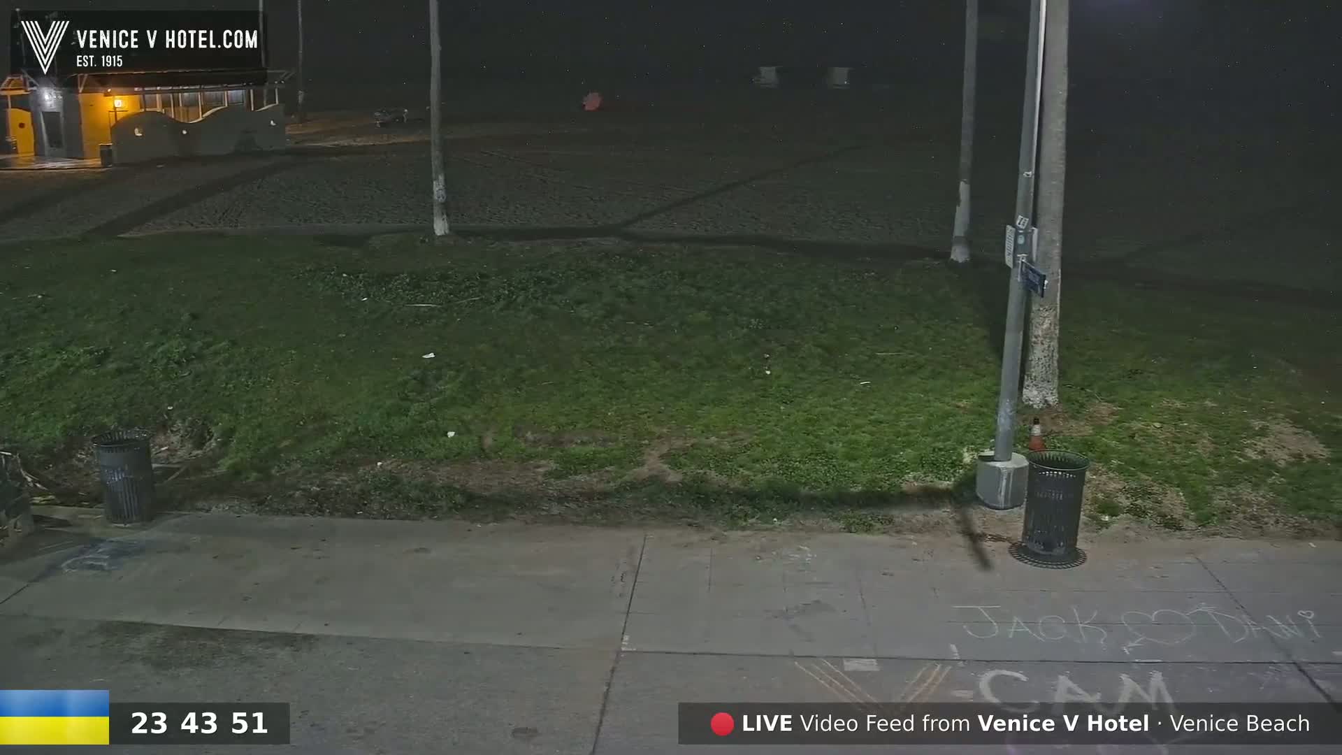 A nighttime view of a grassy area next to a sidewalk, with trash cans and a light pole, near a beach under a clear, dark sky.