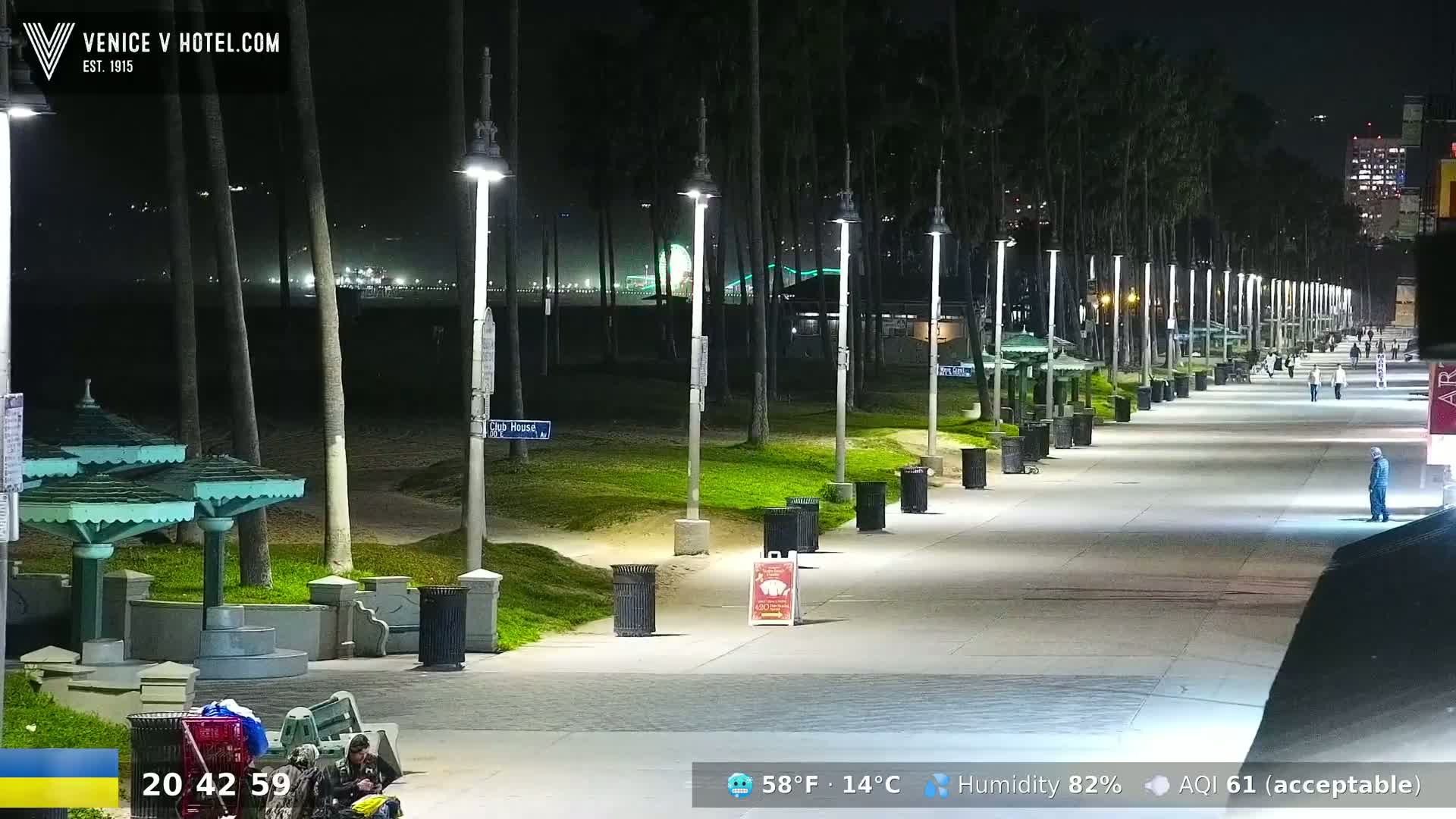 A nighttime view of a boardwalk lined with palm trees, lights, and trash cans, with a few people walking along it, under a clear sky.