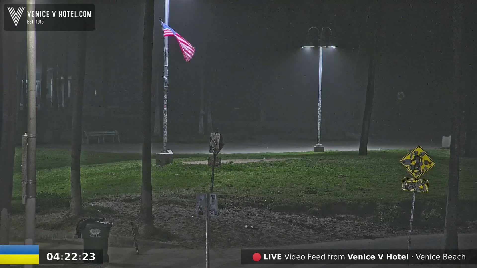 A nighttime scene shows a grassy area with two lampposts, an American flag, and a pedestrian crossing sign under foggy conditions.