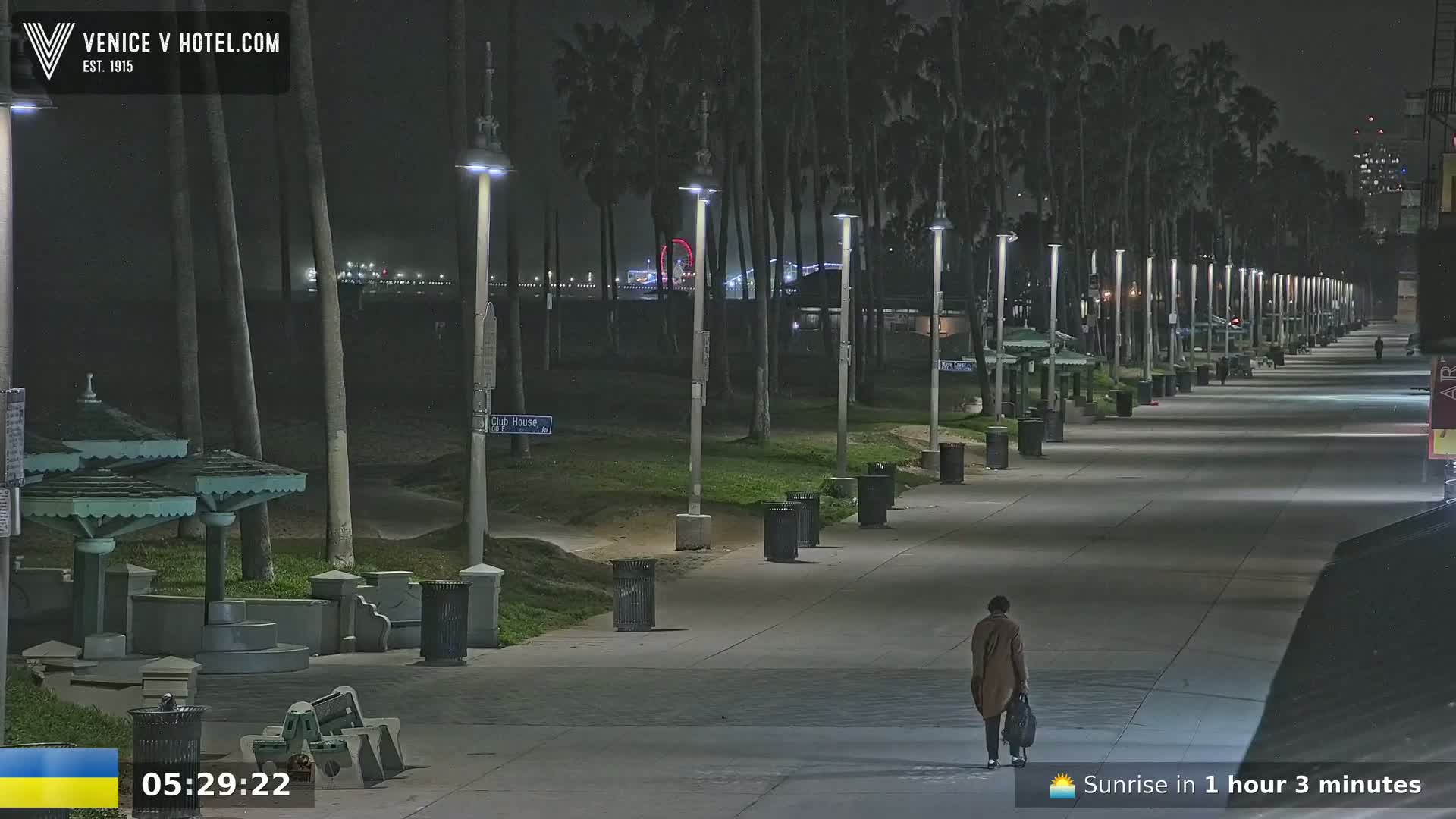 A person walks down a nighttime boardwalk lined with palm trees and trash cans, under illuminated lampposts, towards a distant Ferris wheel.