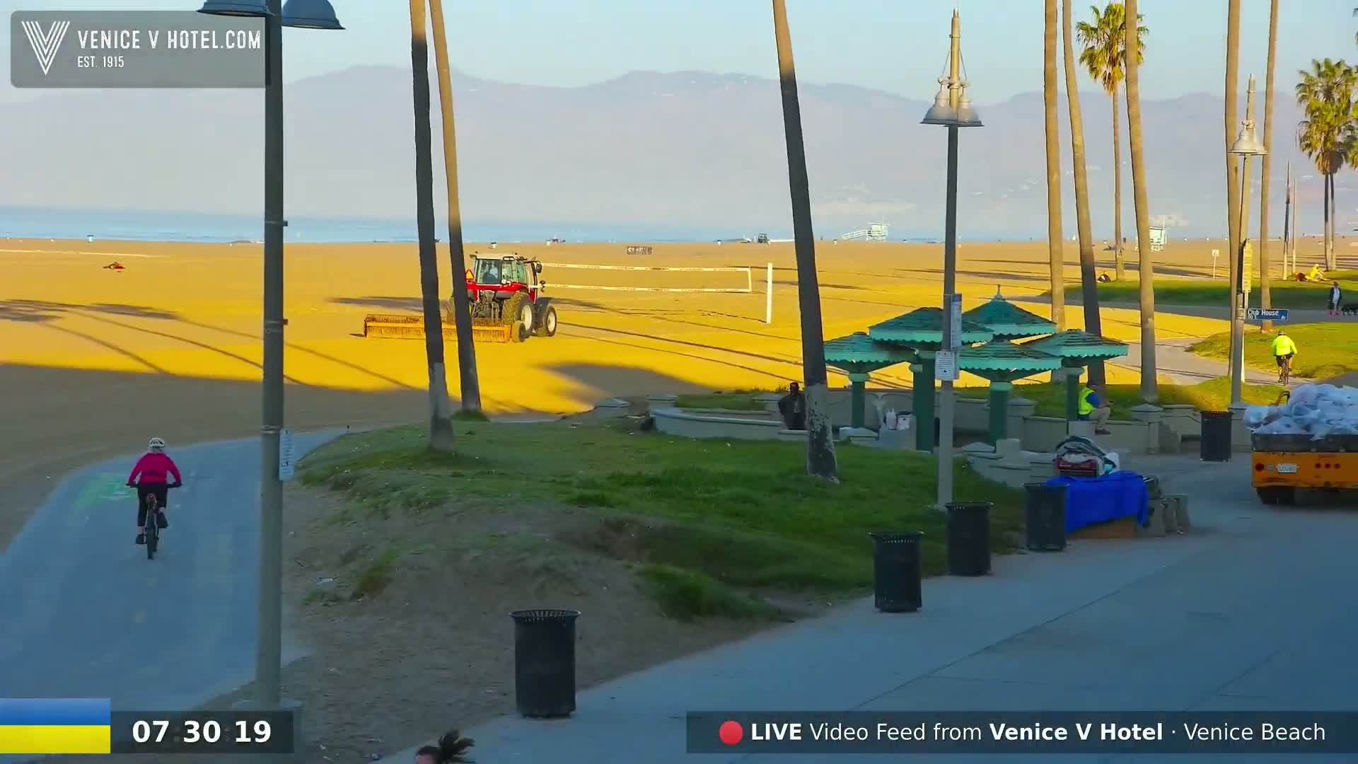 A sunny morning scene at a beach shows a tractor cleaning the sand, a cyclist riding on a path, people relaxing under beach umbrellas, and palm trees lining the shore.