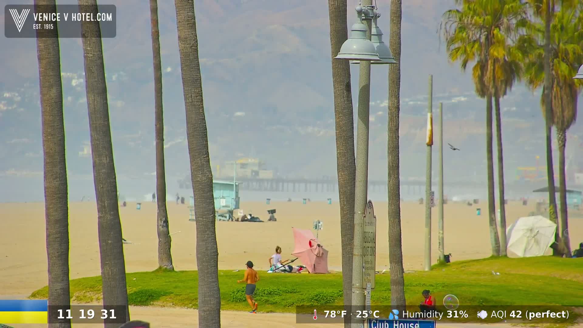 A hazy, sunny day at a beach shows several people on the sand and grass near palm trees, with a pier visible in the distance.