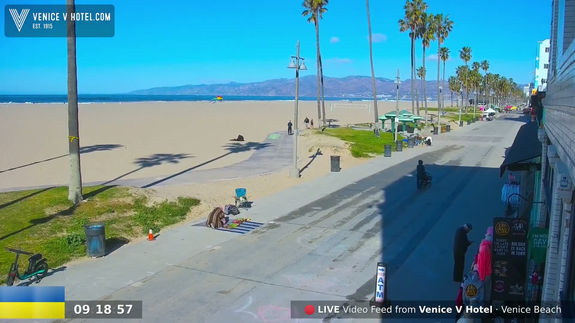 A sunny day at Venice Beach shows a wide sandy beach, a boardwalk with a few pedestrians, and palm trees lining the shore.