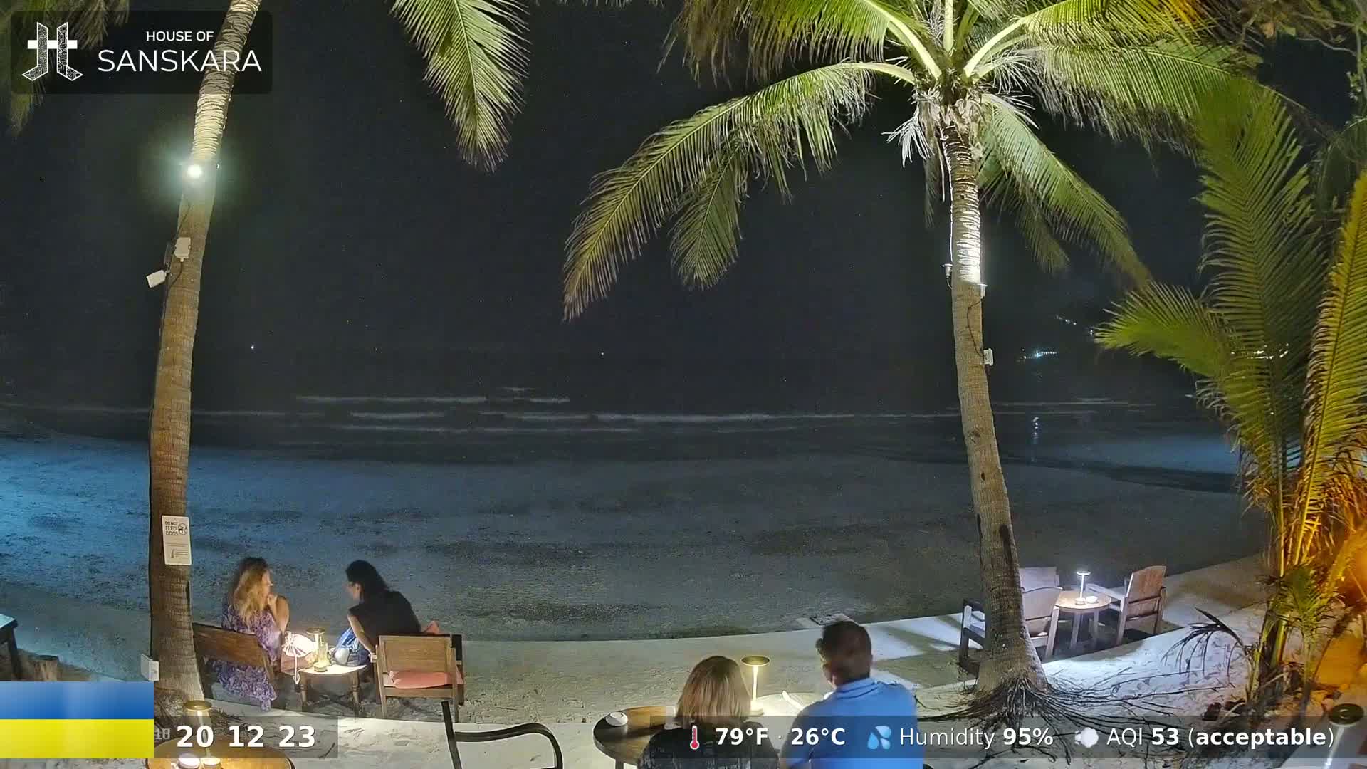 At night, under a humid sky, several people sit at tables outside a beachfront restaurant next to palm trees, with gentle waves lapping the shore.