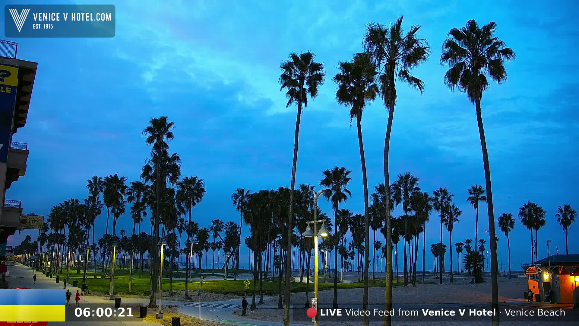 A beach boardwalk at twilight, lined with tall palm trees under a mostly clear blue sky, shows a few pedestrians walking.