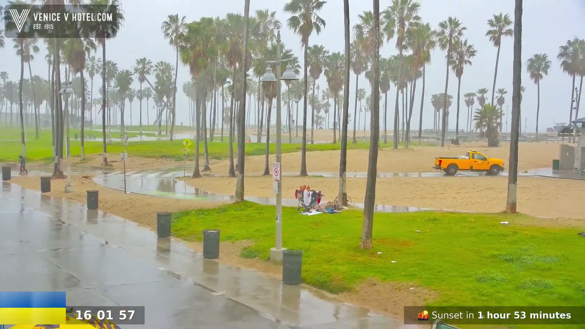 A wet, sandy beach area with palm trees and a yellow truck is seen during a rainstorm.