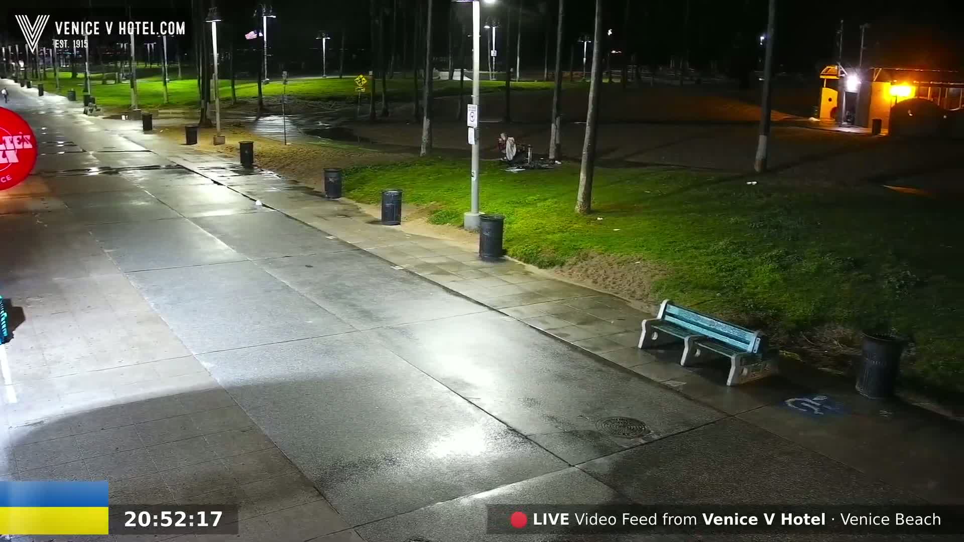 A wet, empty nighttime street scene shows a sidewalk, a road, and a grassy area with some trash cans and a bench under illuminated streetlights.