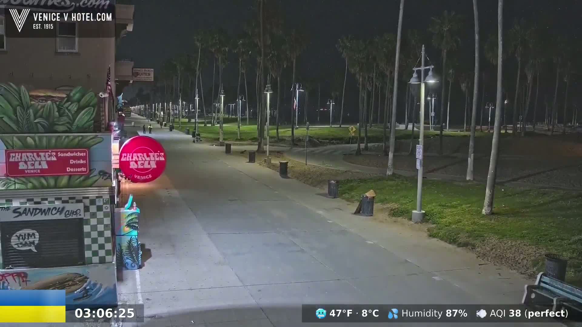 A nighttime view of a paved walkway lined with palm trees and trash cans, next to a building with a deli and sandwich shop, under a clear sky.