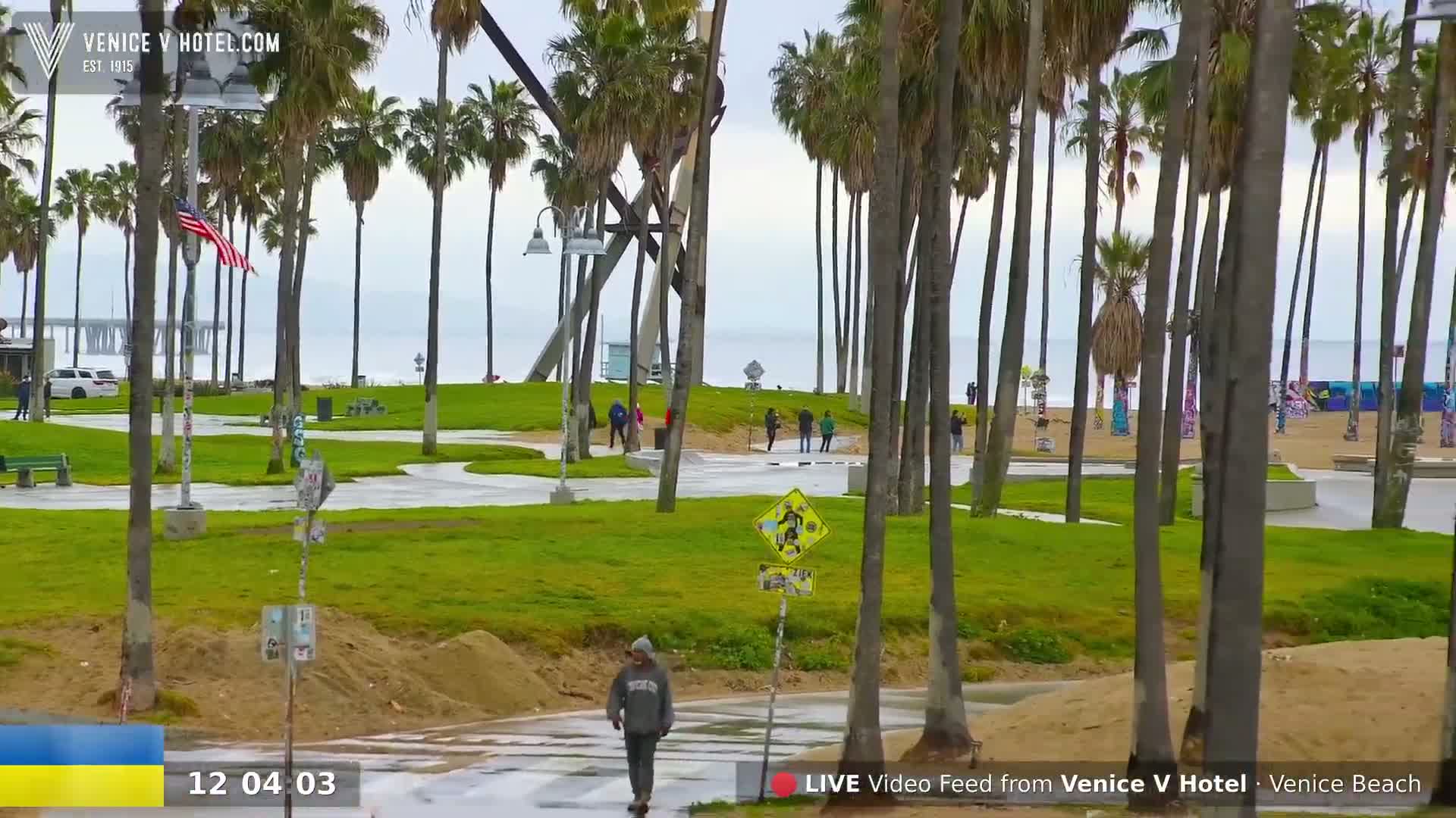 A wet, overcast day at a beachside park shows people walking among palm trees and green grass near the ocean.