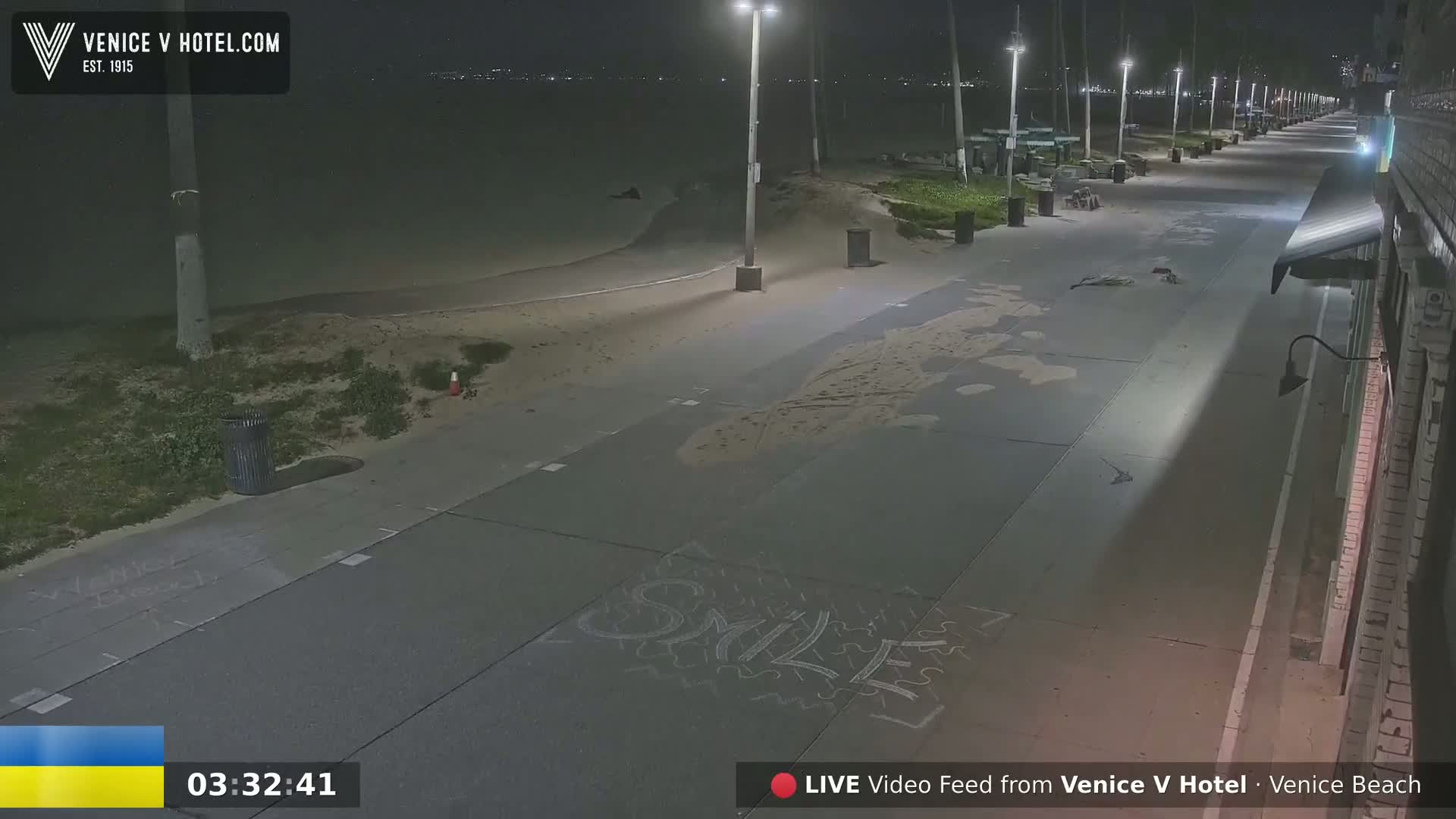 A nighttime view of a mostly empty boardwalk next to a beach, illuminated by streetlights.