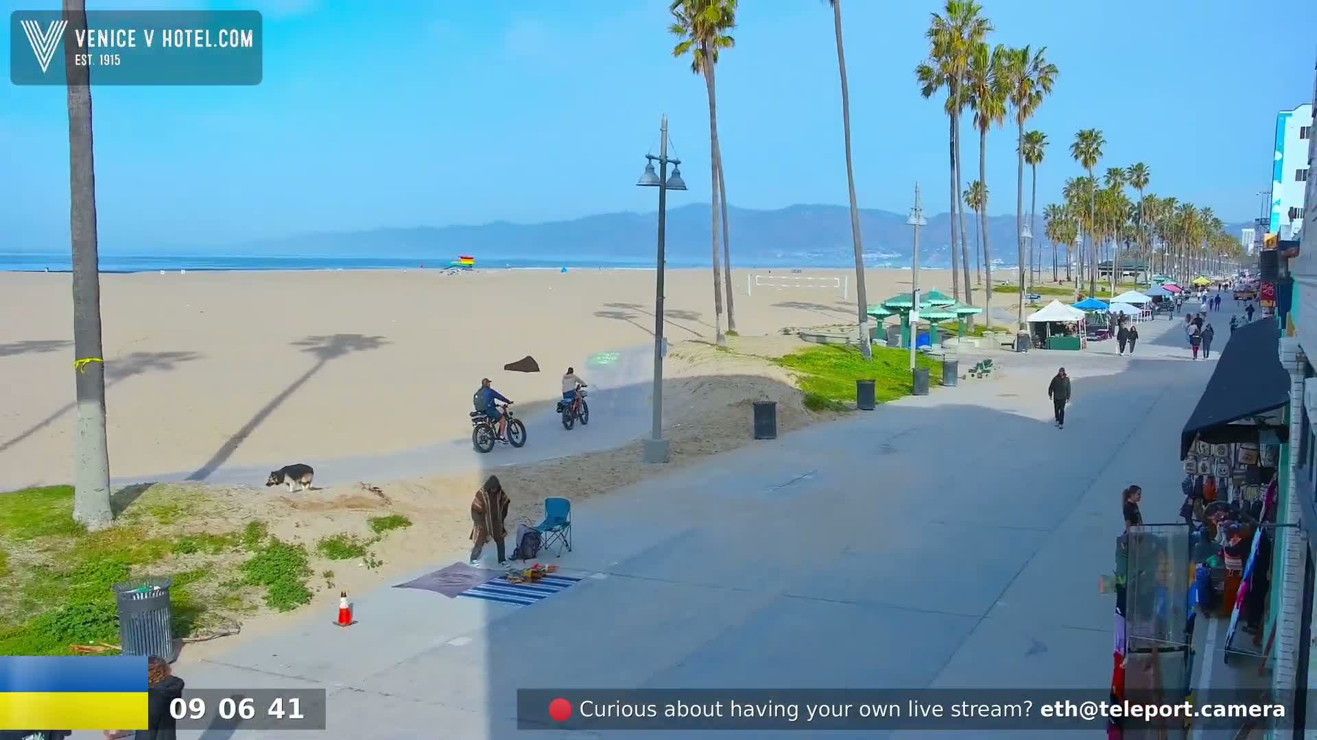 A sunny day at a beachside boardwalk shows people walking, biking, and setting up shop along a paved path next to a sandy beach and ocean with palm trees lining the walkway.