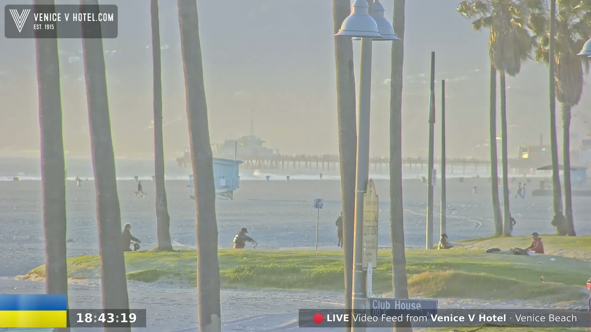A hazy beach scene shows palm trees, a pier in the distance, and several people on bicycles and sitting on the sand.