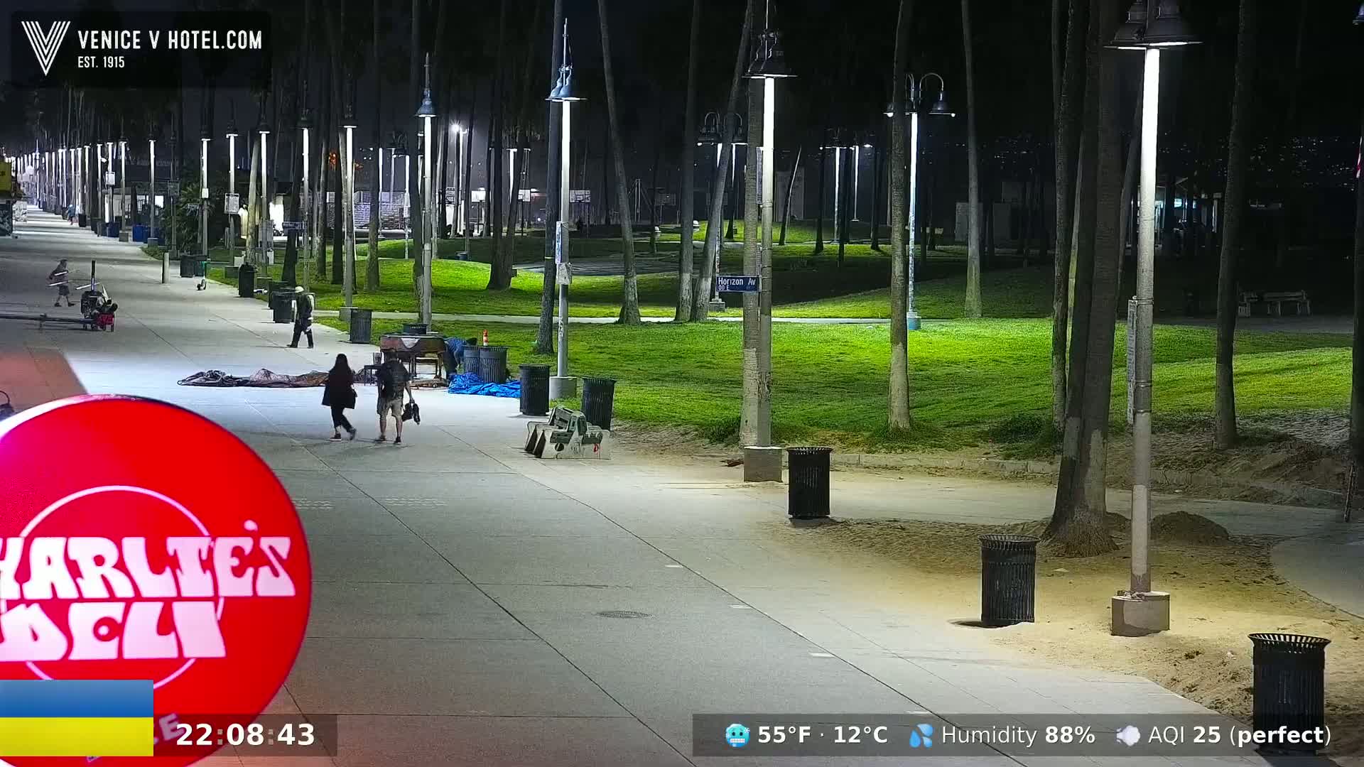 A nighttime scene shows a paved walkway lined with palm trees and streetlights, adjacent to a grassy area with trash cans, and a few pedestrians are visible.