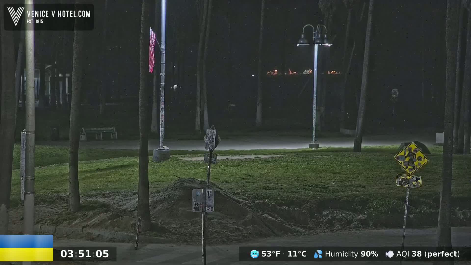 A nighttime view of a grassy area with palm trees, light poles, and a small pile of sand, under a clear sky.