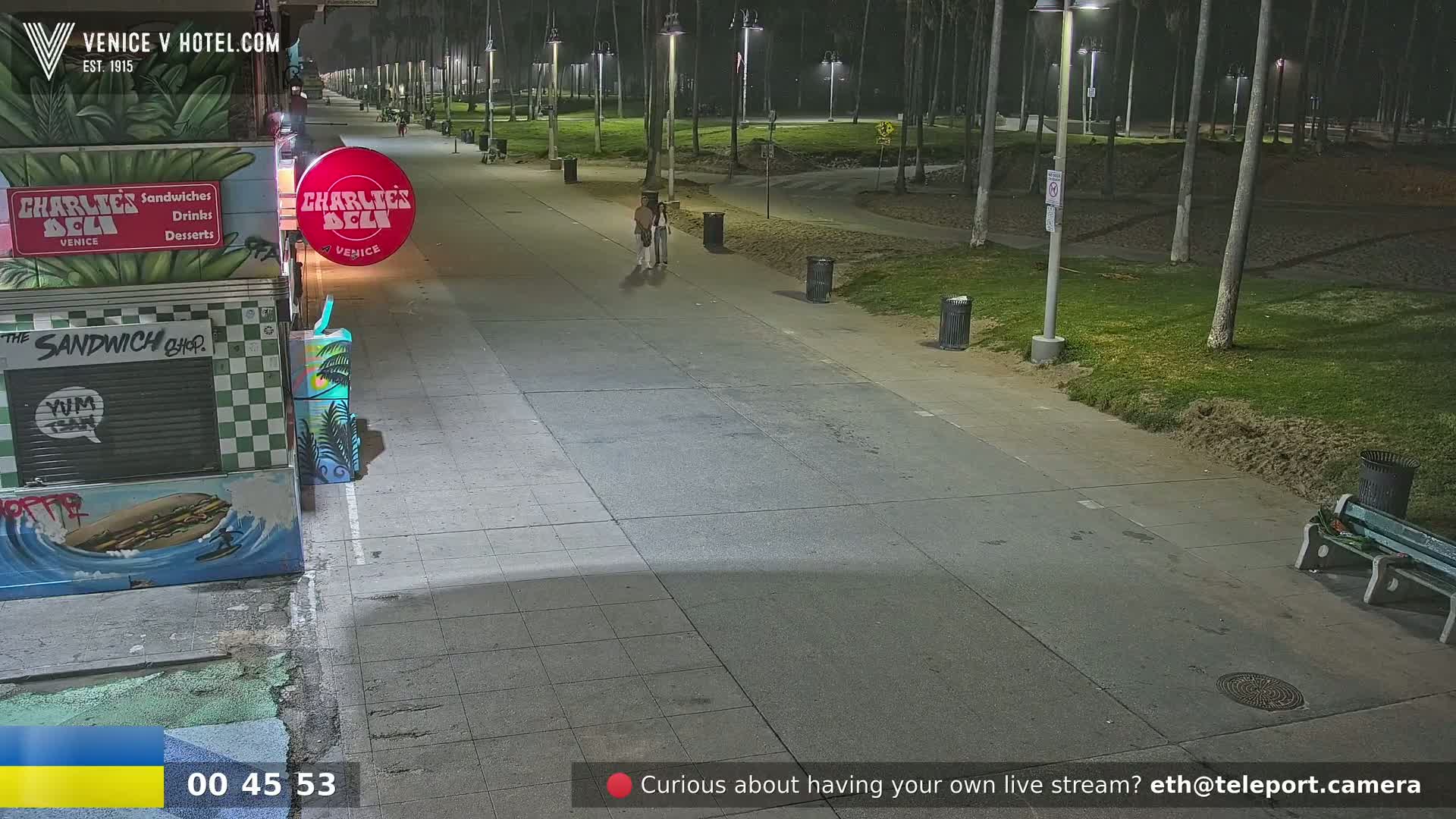 A nighttime view of a paved walkway bordered by grassy areas and palm trees, with a couple walking in the distance and a few trash cans and a bench visible.