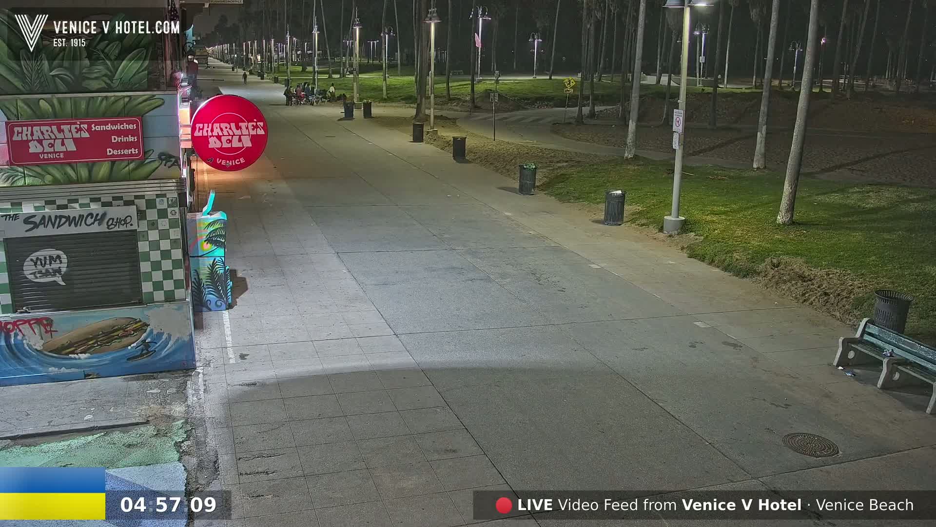 A nighttime view of a paved walkway next to a grassy area, with food stands and a bench visible.
