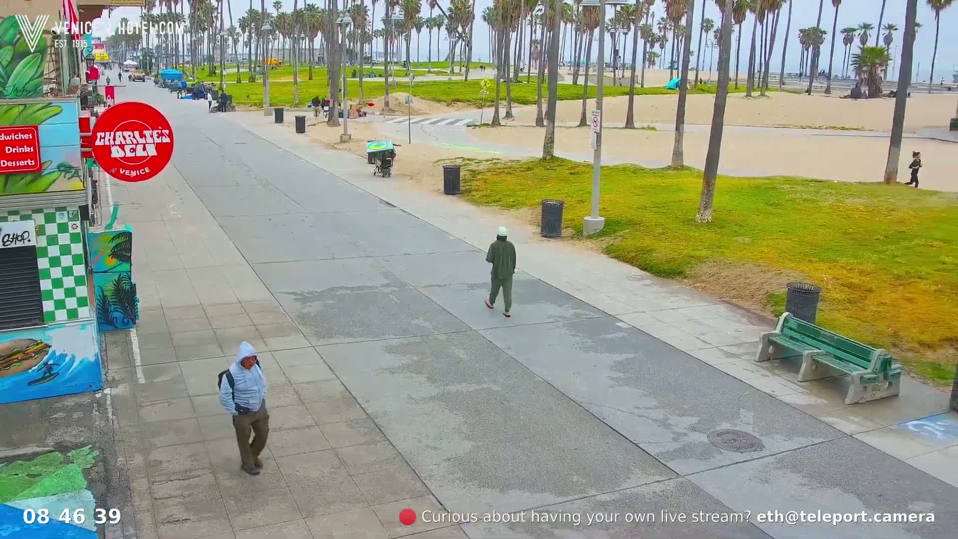 A paved walkway near a beach, lined with palm trees and grassy areas, features two pedestrians and an empty park bench under a mostly clear sky.