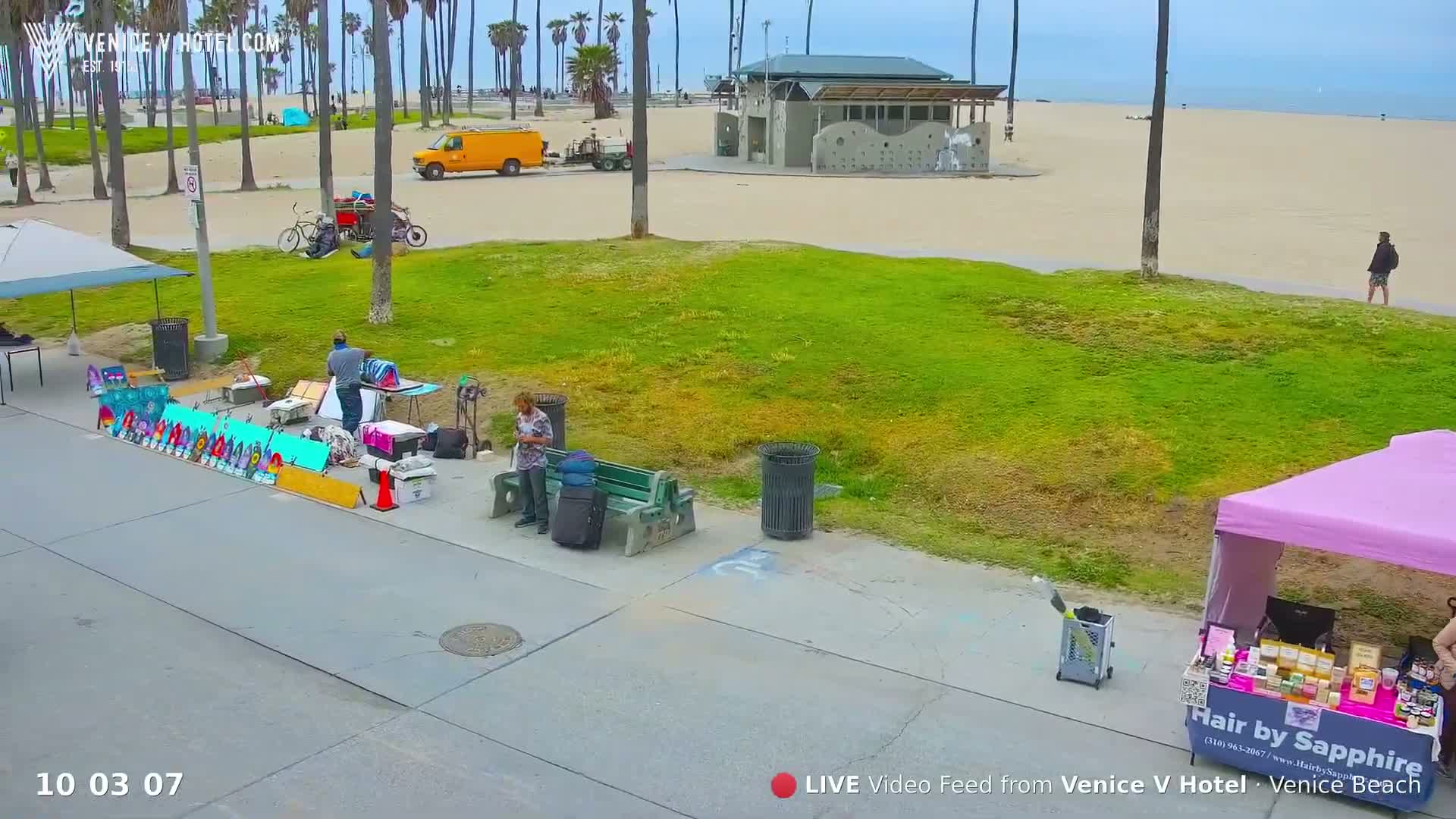 On a sunny day, several people are selling goods and artwork near a grassy area adjacent to a sandy beach and ocean, with palm trees in the background.