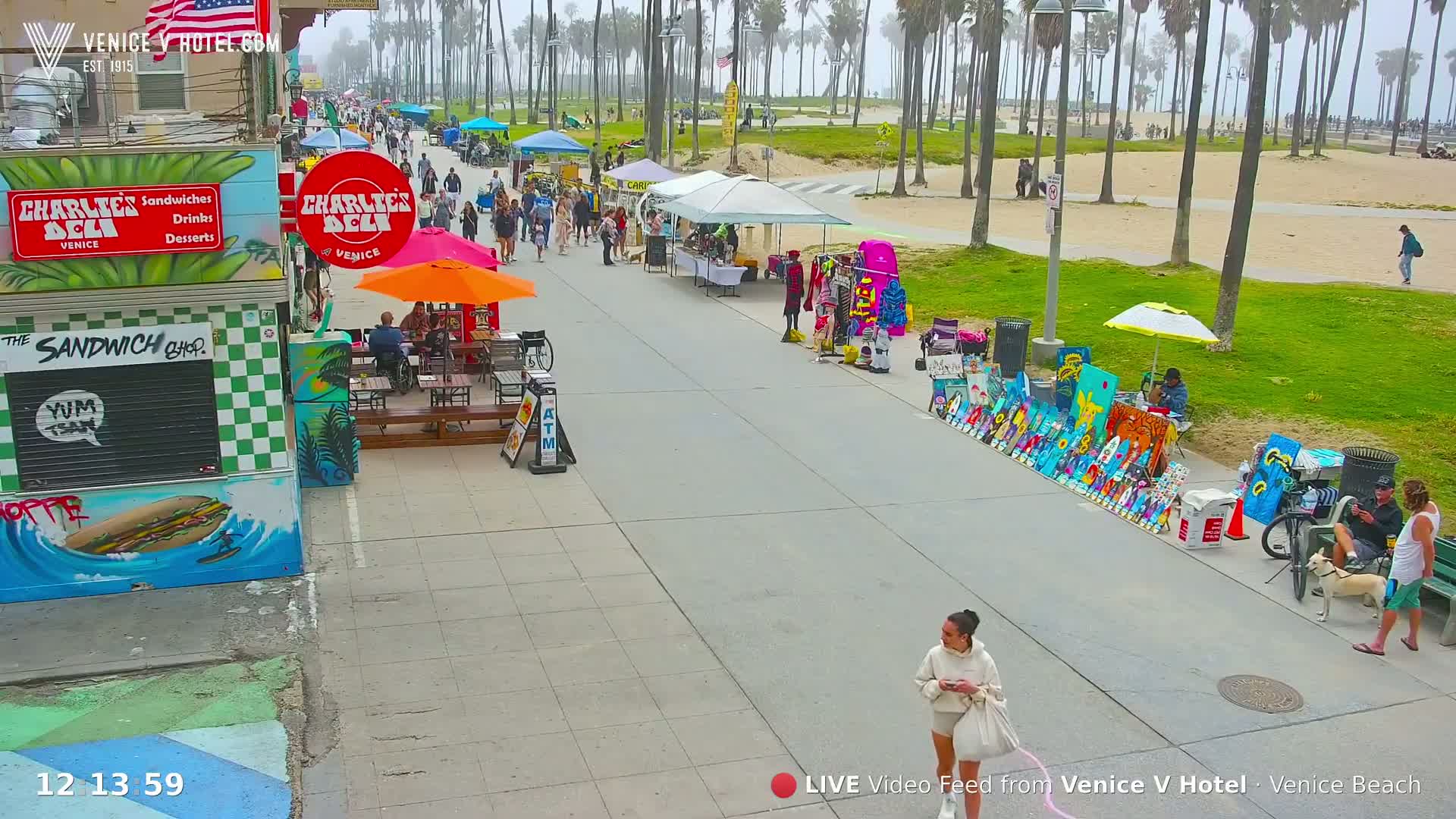 A mostly sunny boardwalk scene shows people walking past various shops and vendors selling art, clothing, and food, with palm trees in the background.