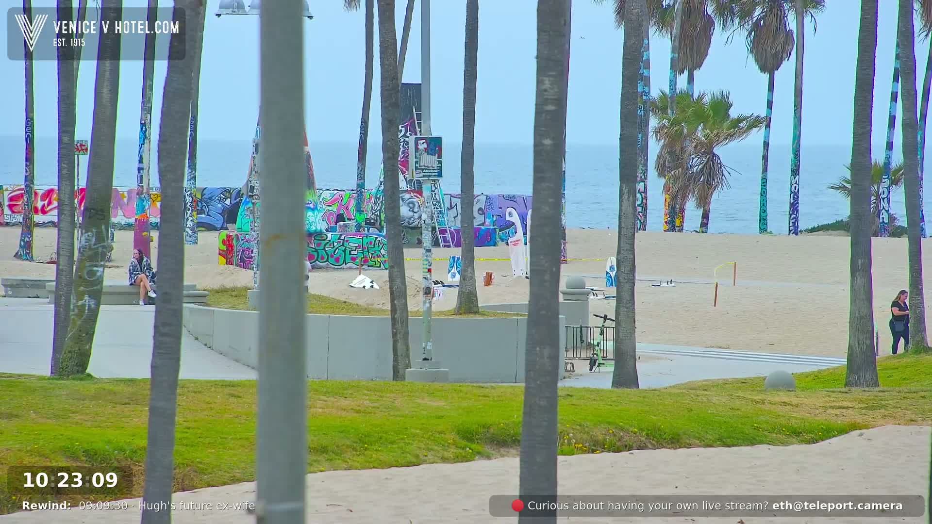 A beach scene with graffiti-covered walls, palm trees, and a few people is visible on a partly sunny day.