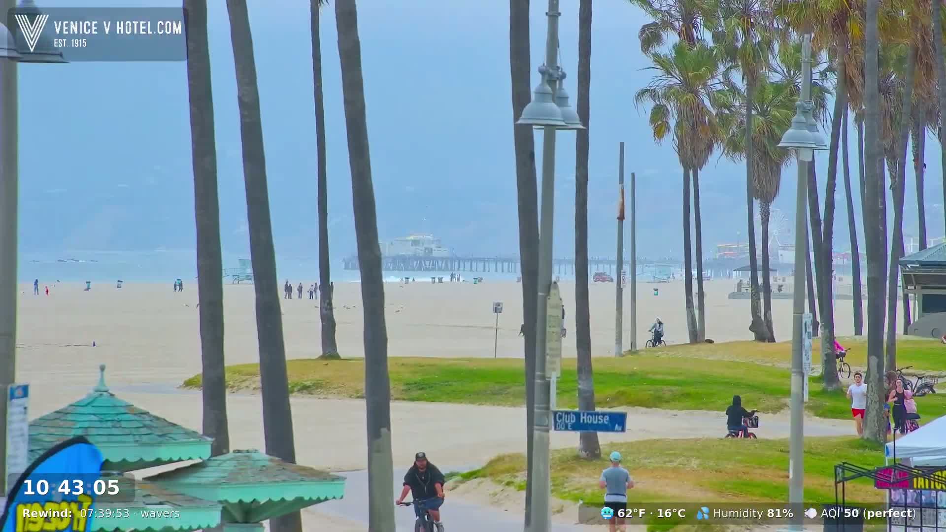 A beach scene on a hazy day shows a pier in the distance, palm trees lining a paved path next to the sandy beach where several people are walking, biking, and relaxing.