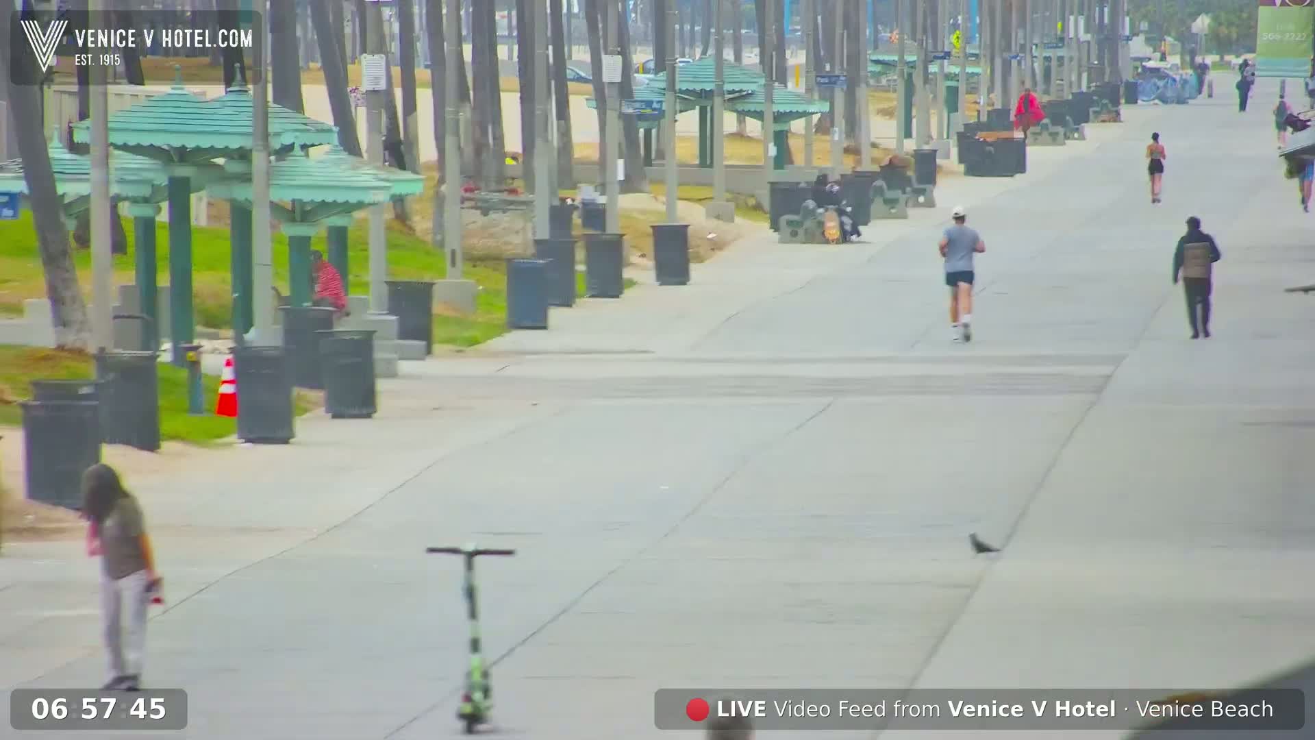 A mostly empty boardwalk with several people walking and one person jogging, lined with palm trees, trash cans, and covered seating areas on a partly cloudy day.