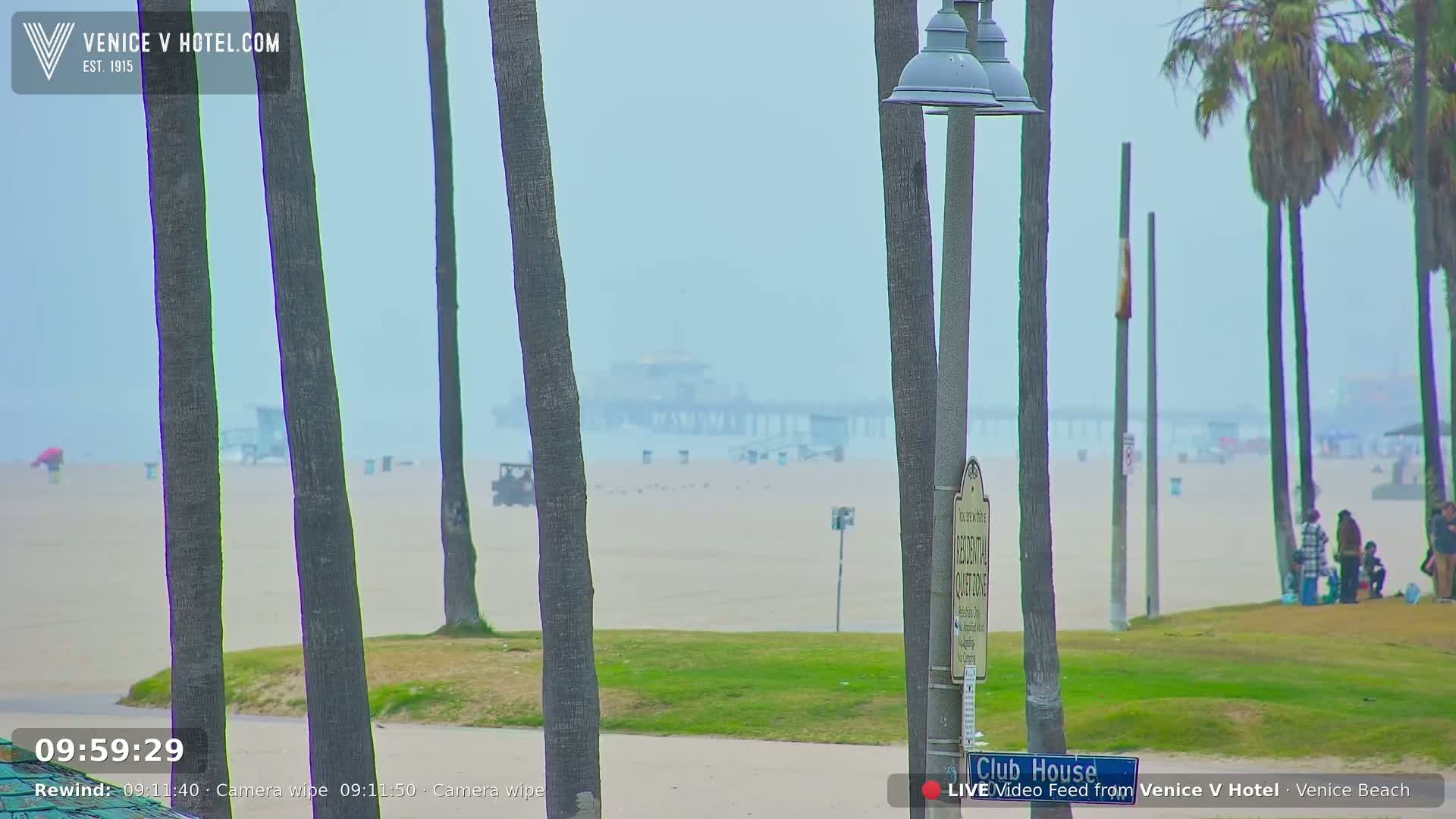 A hazy beach scene shows a pier in the distance, palm trees in the foreground, and a few people gathered near the sand.