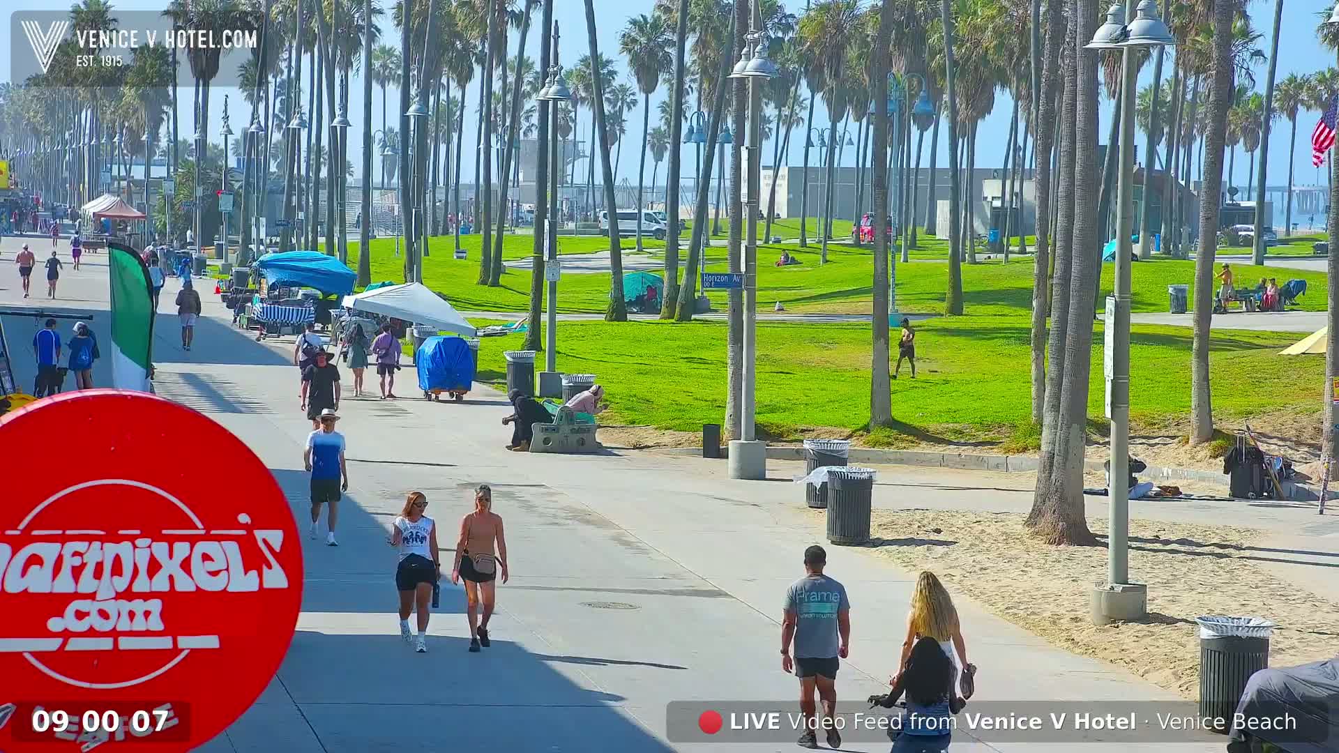 A sunny day on a boardwalk with people walking, some sitting in a grassy park area, and palm trees lining the path.