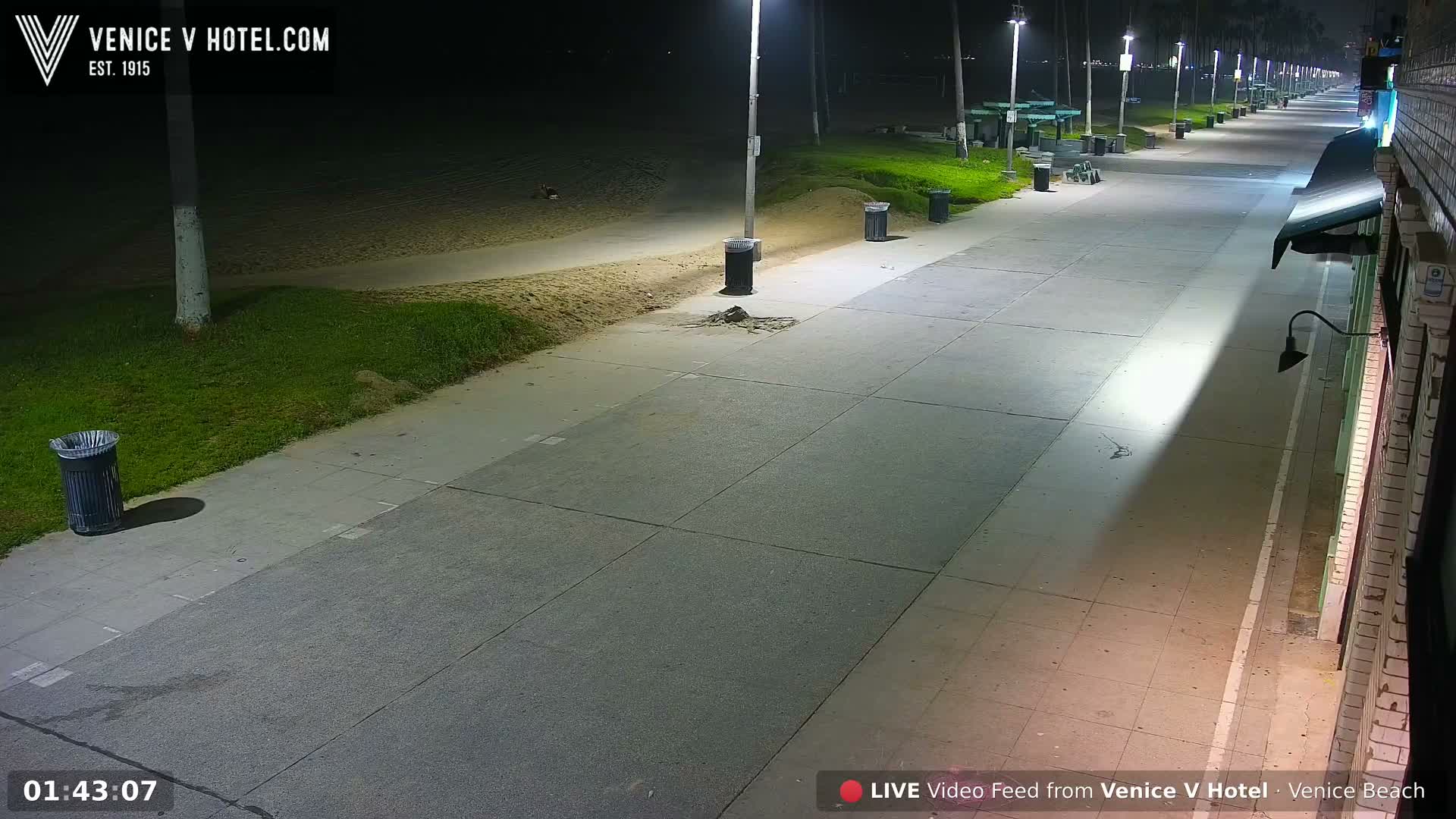 A long, brightly lit boardwalk runs alongside a dark beach and grassy area under a clear night sky, with streetlights extending into the distance and a building bordering the right.