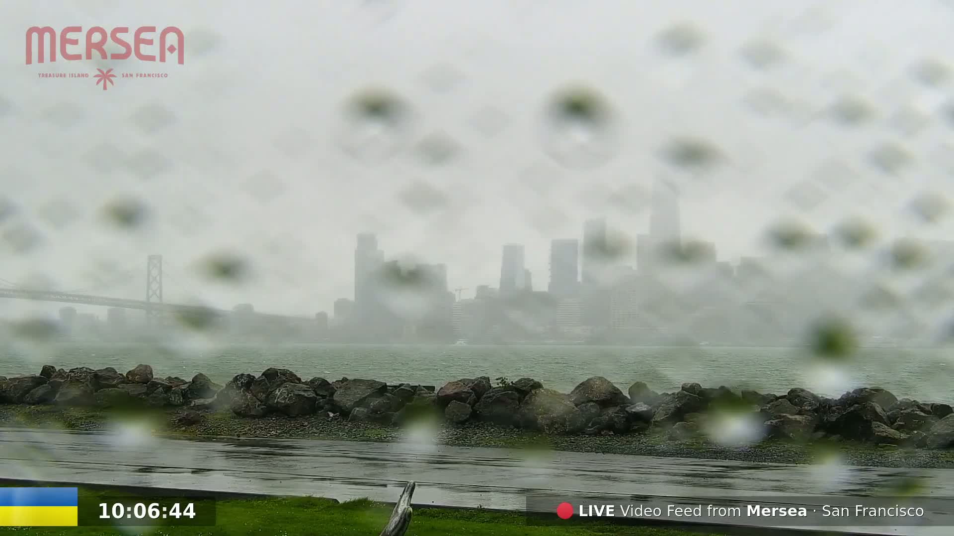 A rain-blurred view shows a city skyline across a body of water, with a rocky shoreline in the foreground and a bridge in the distance.