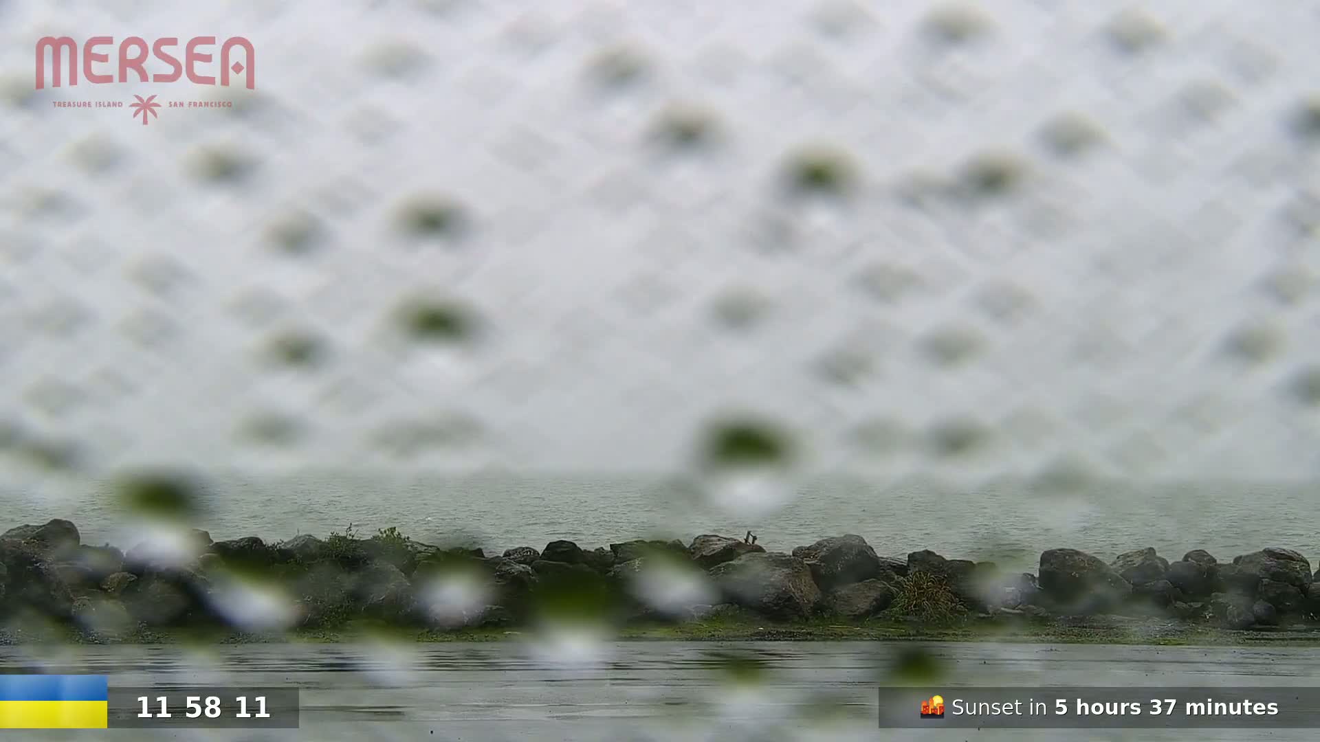 A rain-streaked view shows a rocky shoreline and calm water under a gray sky.