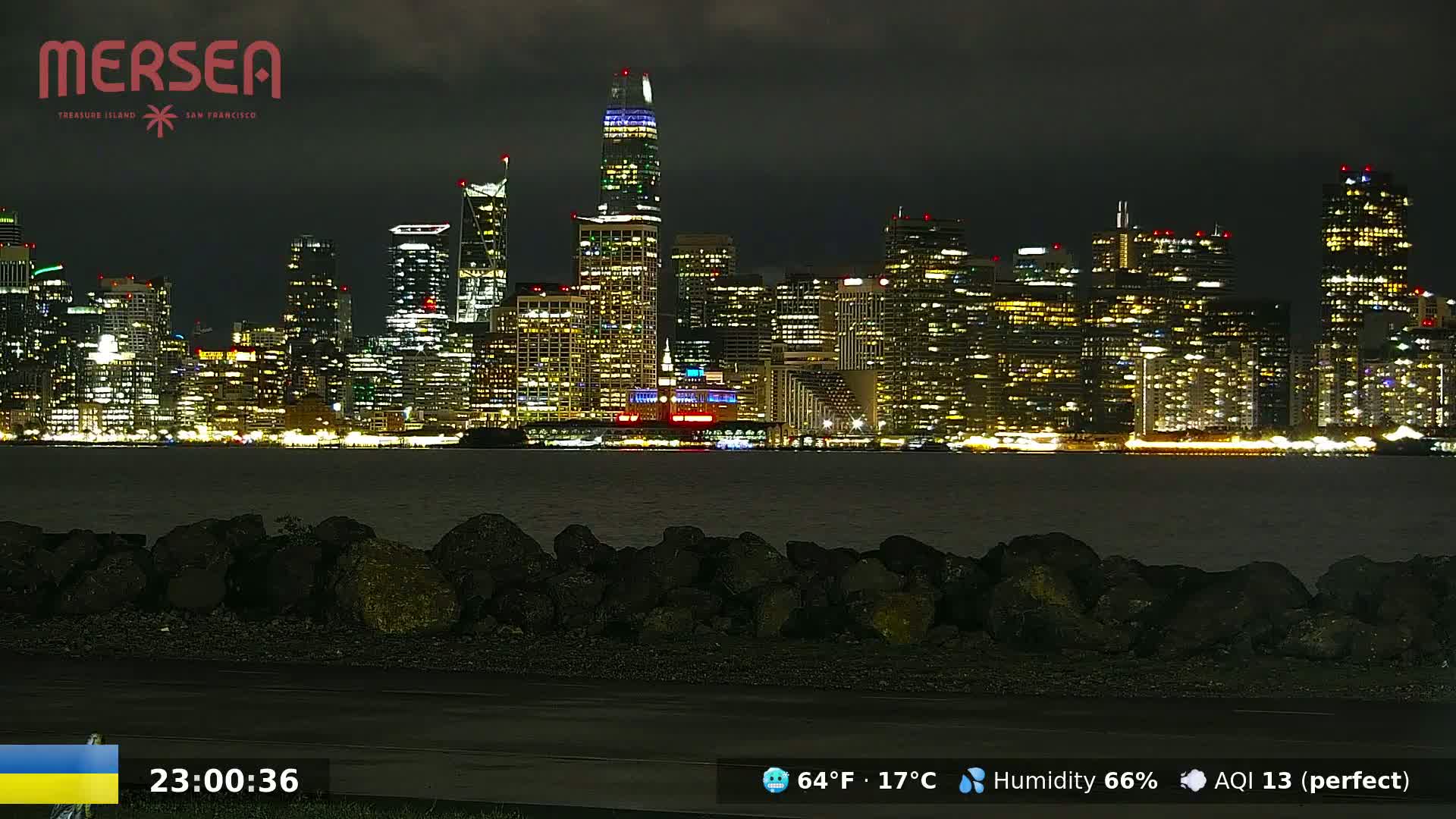 A brightly lit cityscape is seen across a dark body of water at night, under a cloudy sky.