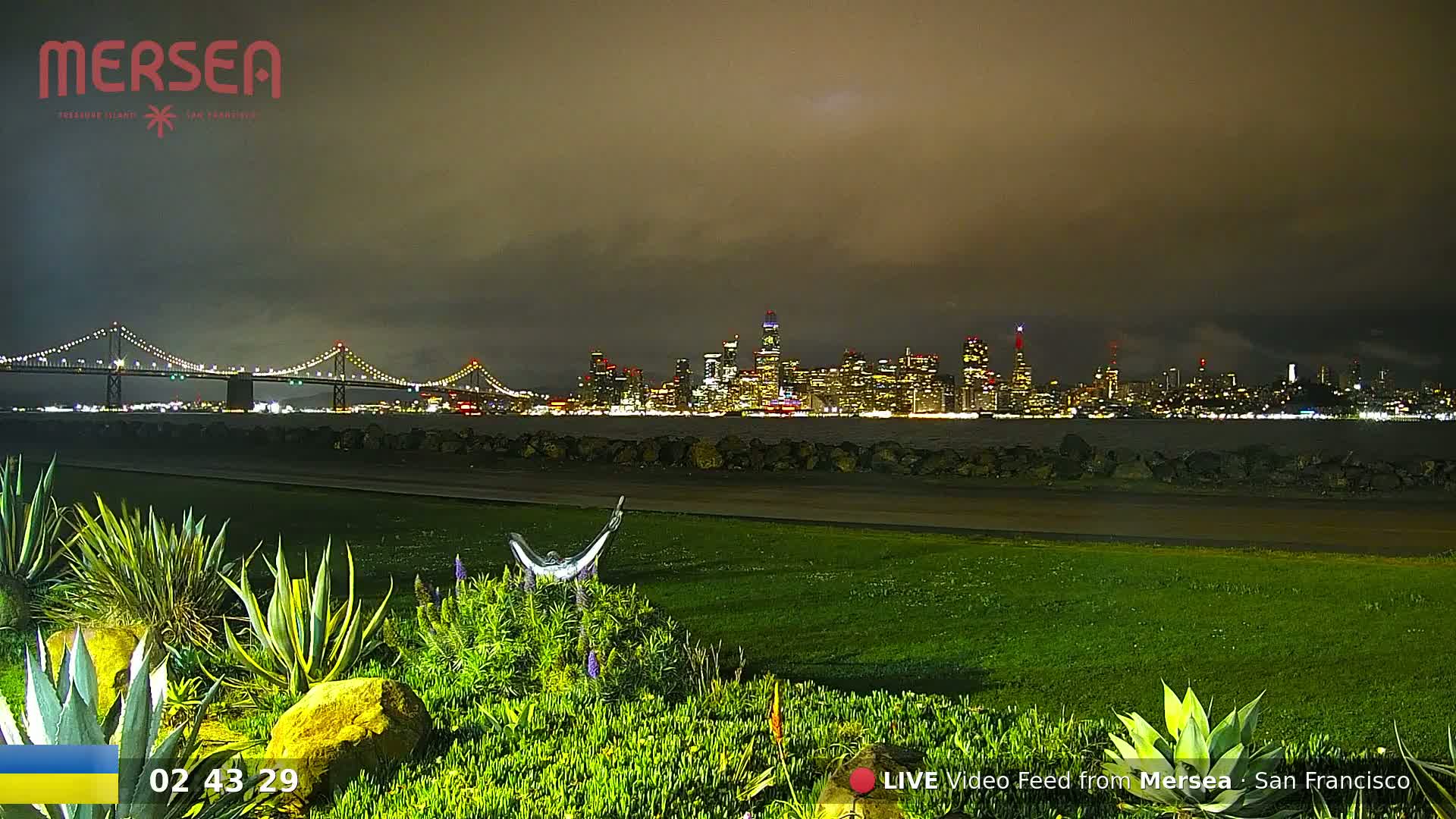 A nighttime view of a city skyline across a body of water, with a bridge in the foreground under a cloudy sky.